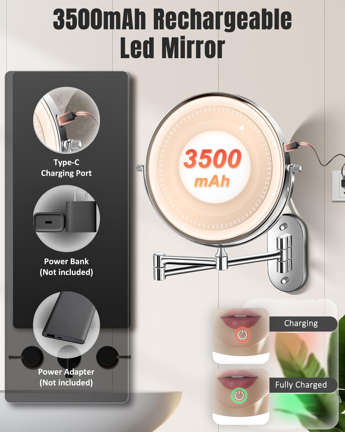 VFD 8'' 30X/1X Wall Mounted Lighted Magnifying Makeup Mirror with Lights | Double Sided Rechargeable Bathroom Mirror, 3 Color Lights Touch Dimmable Extended Arm 360 Rotation Light up Mirrors - Image 5