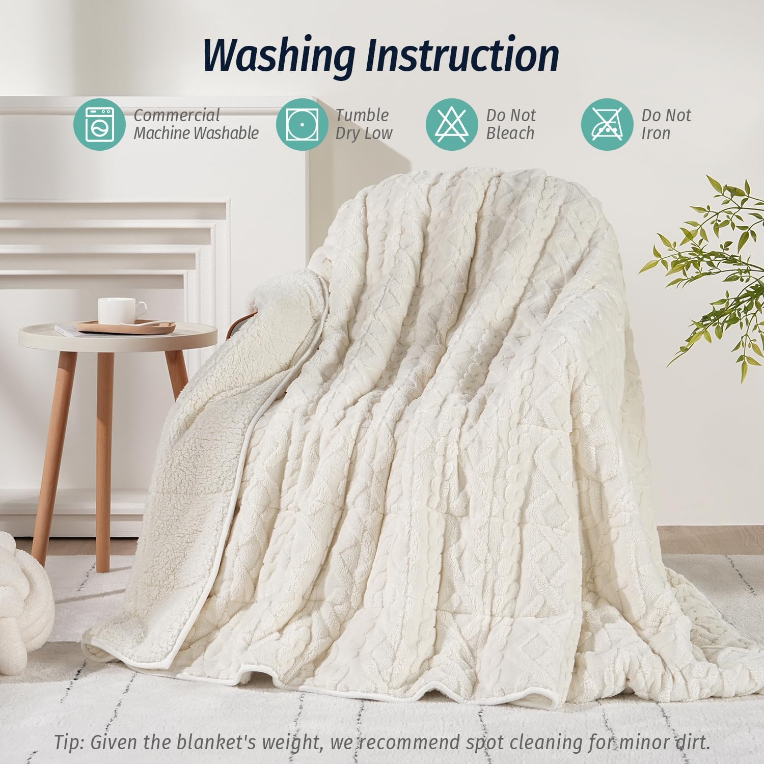 Weighted Blanket for Adults Twin Size 15 lbs 48" x 72" Cream White | Boost Sleep Quality, Relax Body & Mind, Dual Sided Soft Fuzzy Heavy Throw Blankets, Jacquard Knitted, Chunky Warm Fluffy - Image 7
