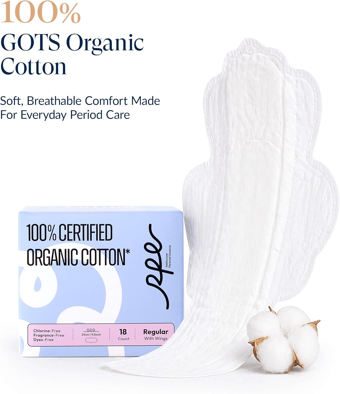 RPE Life 100% GOTS Organic Cotton Menstrual Pads with Wings, 54 Count | Bulk pack menstrual pads with wings breathable ultra thin comfort and reliable leak protection for sensitive skin - Image 2