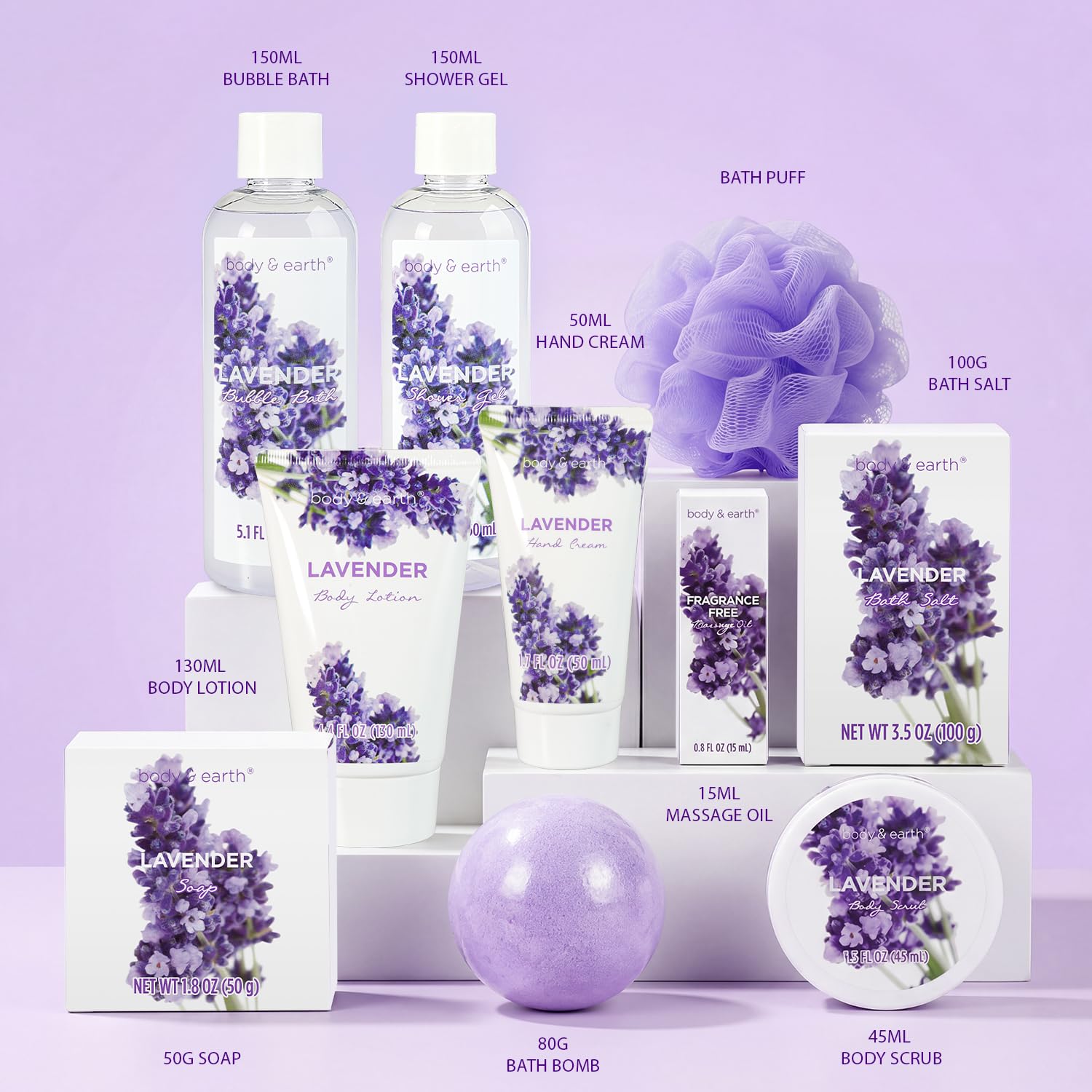 BODY & EARTH Spa Gift Baskets for Women 11pcs Lavender Gift Sets with Bubble Bath, Shower Gel, Body Lotion, Mom Birthday Gifts, Spa Kit, Purple Gift for Her, Christmas gifts - Image 2