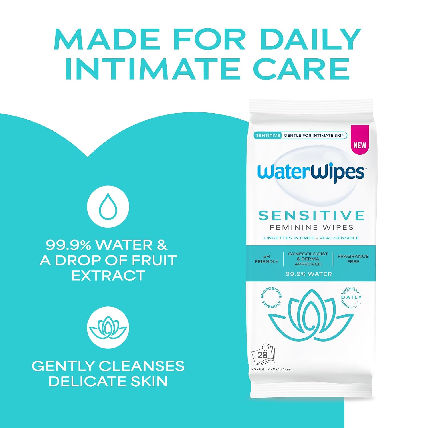 WaterWipes Sensitive Feminine Wipes, 99.9% Purified Water, pH Friendly for Daily Intimate Care, Gynecologist Approved, Fragrance Free, 112 Count (4 Packs) - Image 2