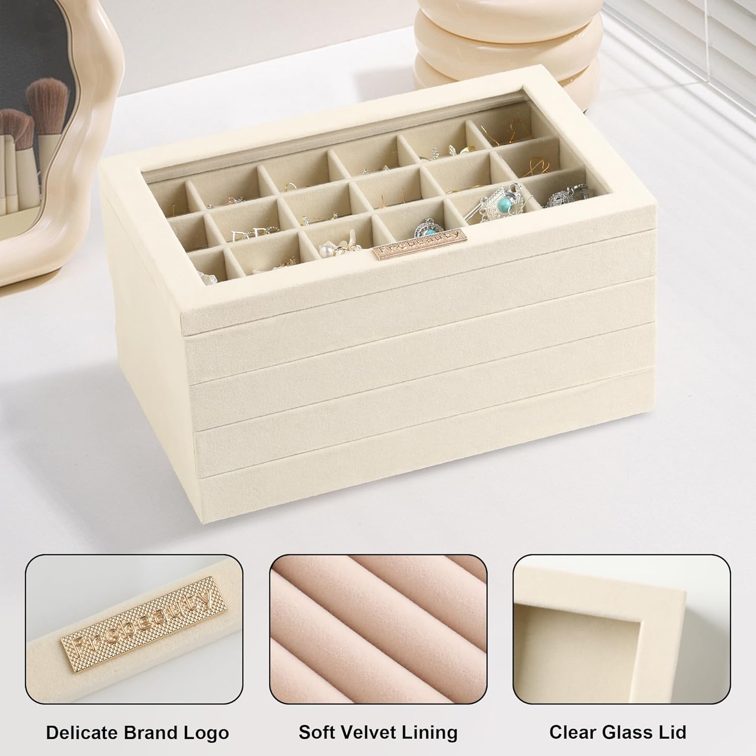 Stackable Jewelry Trays,Set of 4 Jewelry Organizer for Drawer | Glass Lid,Removable Dividers,Real Stackable Design,Velvet Material,Drawer Inserts,Jewelry Box for Earring Rings and Necklace - Image 5