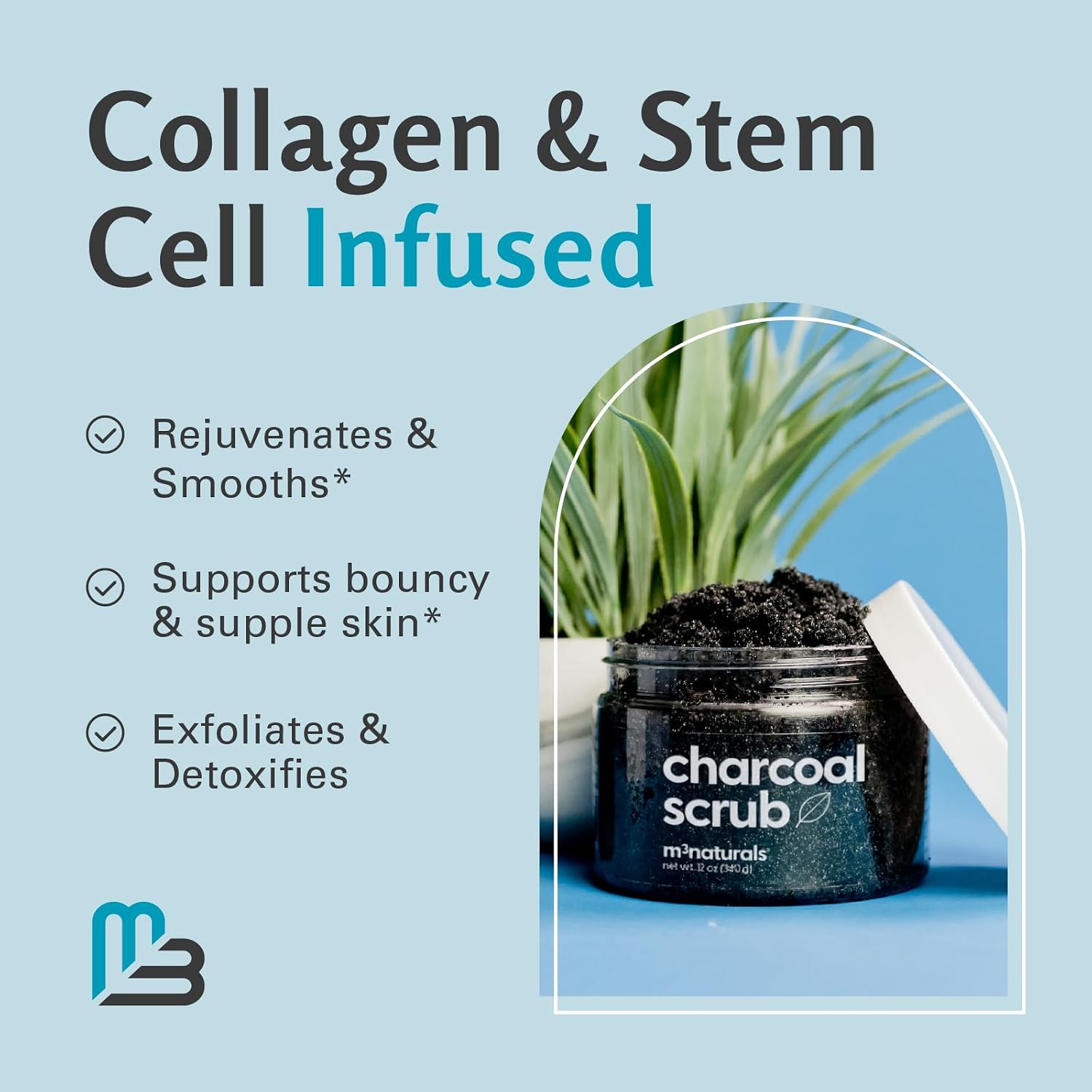 Exfoliating Charcoal Scrub for Body with Collagen & Stem Cells, 12 oz by M3 | For Body Toning, Smooths Cellulite Appearance & Armpit Detox, with Skin-Smoothing Exfoliation for Face, Feet & Body Exfoliant - Image 9