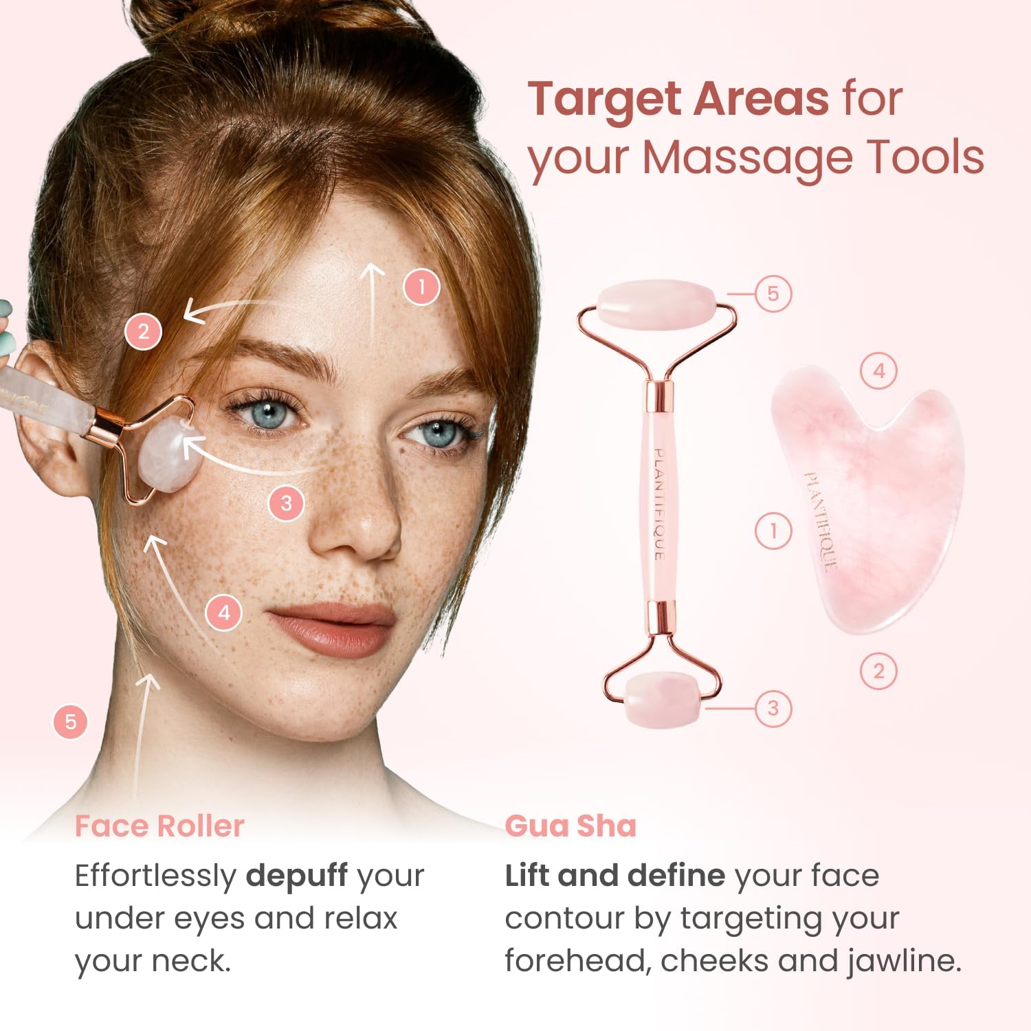 PLANTIFIQUE Rose Quartz Gua Sha & Face Roller Set, Certified Face Massager | Guasha Facial Tool & Roller for Lymphatic Drainage & Face Sculpting - Reduce Puffiness & Relieve Tension - Skin Care Gifts - Image 4