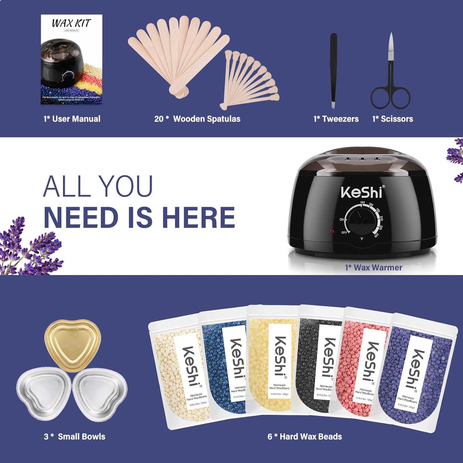 KeShi Waxing Kit, Painless Hair Removal Wax Warmer with 6 Bags Hard Wax Beans for Full Body, Legs, Face, Eyebrows & Bikini— Ideal for Both Women & Men - Image 3