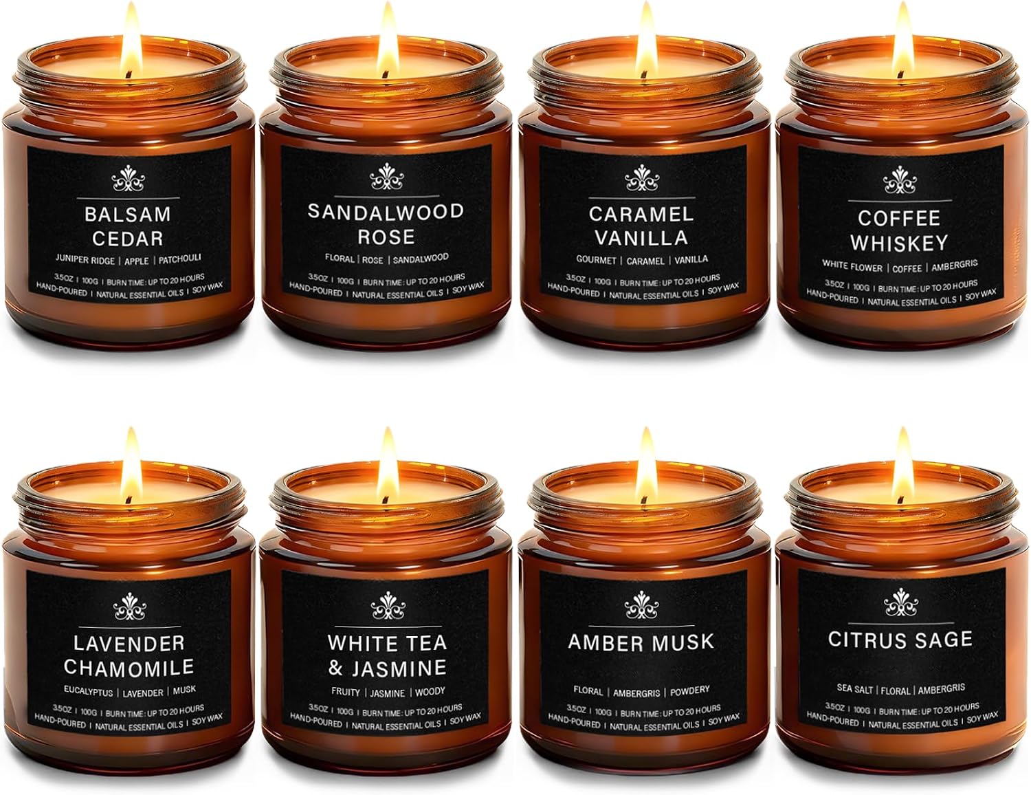 8 Pack Soy Wax Scented Candles Gift Set, Aromatherapy Candles with Lavender Chamomile, Citrus Sage, Caramel Vanilla, Coffee Whiskey, Long Lasting Stress Relief Candle, Unisex Home & Gift Set for Men