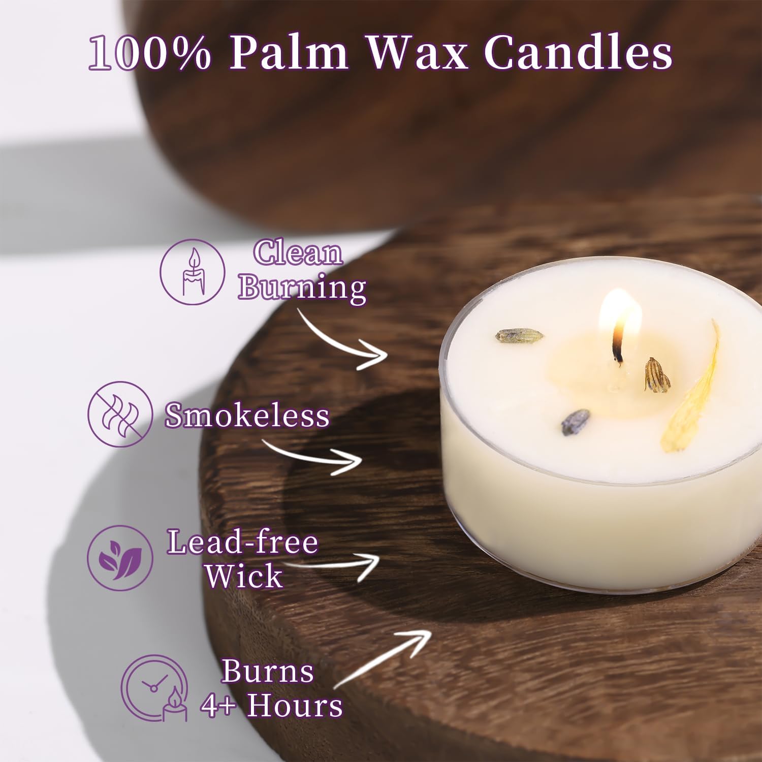 Lavender Scented Tealight Candles, 48 Pack- Extended 4-5h Clear Cup Scented Tea Lights with Handmade Floral Surface, 100% Natural Palm Wax Tealights Smokeless for Relax Sleeping, Yoga, Meditation - Image 5
