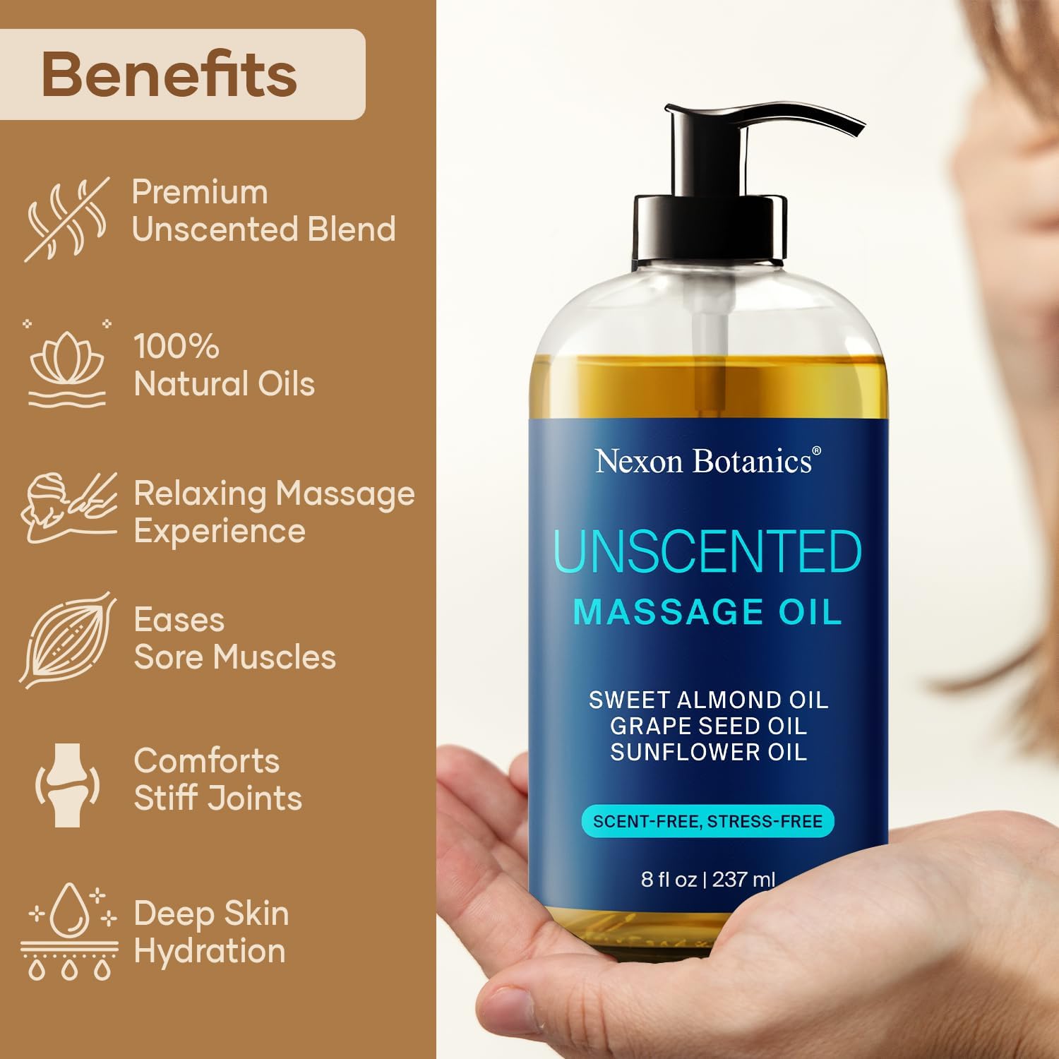Unscented Massage Oil for Massage Therapy & Gua Sha 8 fl oz | Refreshing and Relaxing -Natural Oil Blend with Sweet Almond, Grape Seed and Sunflower Oil - Nexon Botanics - Image 2