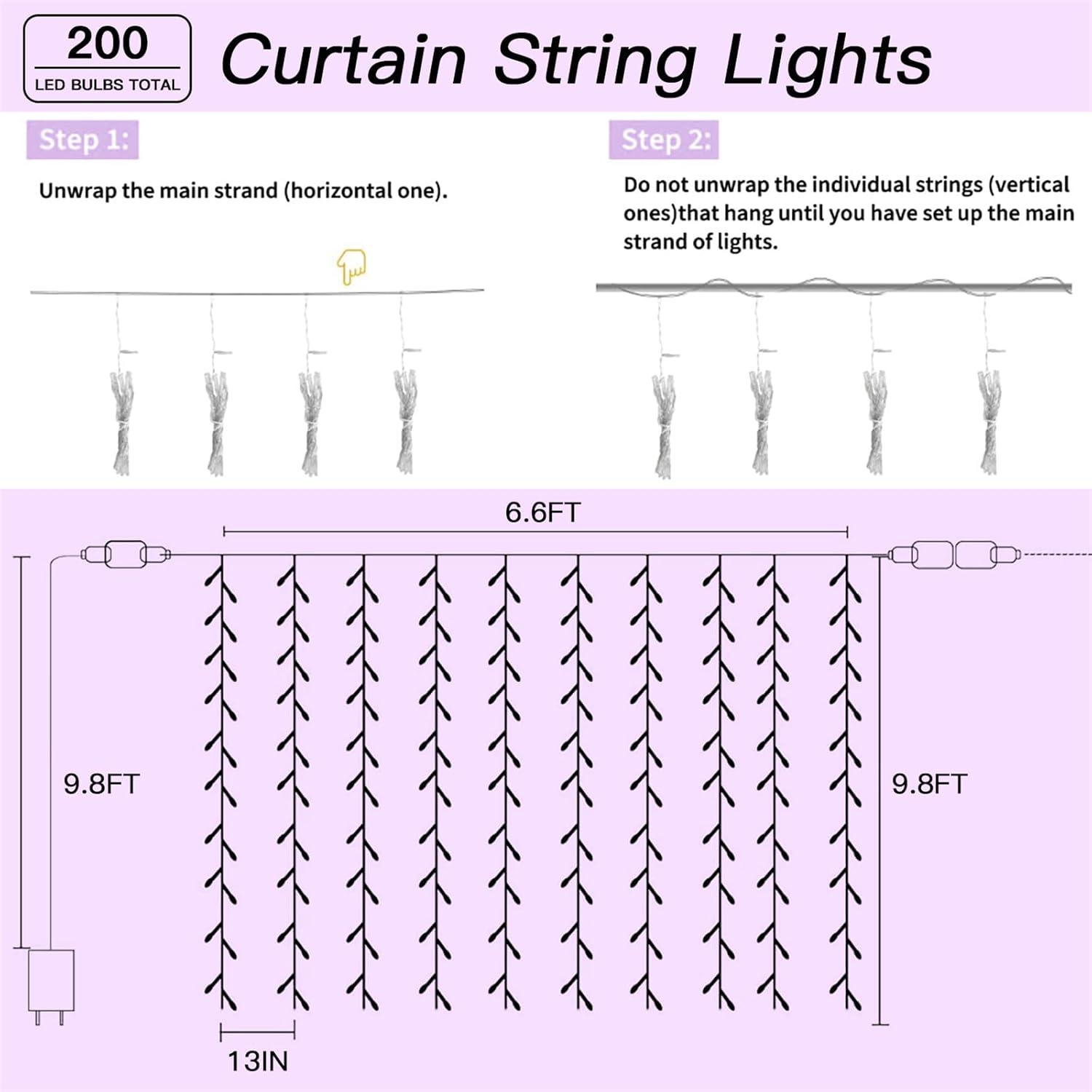 200 LED Multicolor Rainbow Curtain String Lights 9.8x6.6FT, Plug in Fairy Lights with 9 Hooks, Dimmable, Timer 8 Modes, IP44 Waterproof, Bedroom Party Wedding Christmas Indoor Outdoor Decor - Image 6