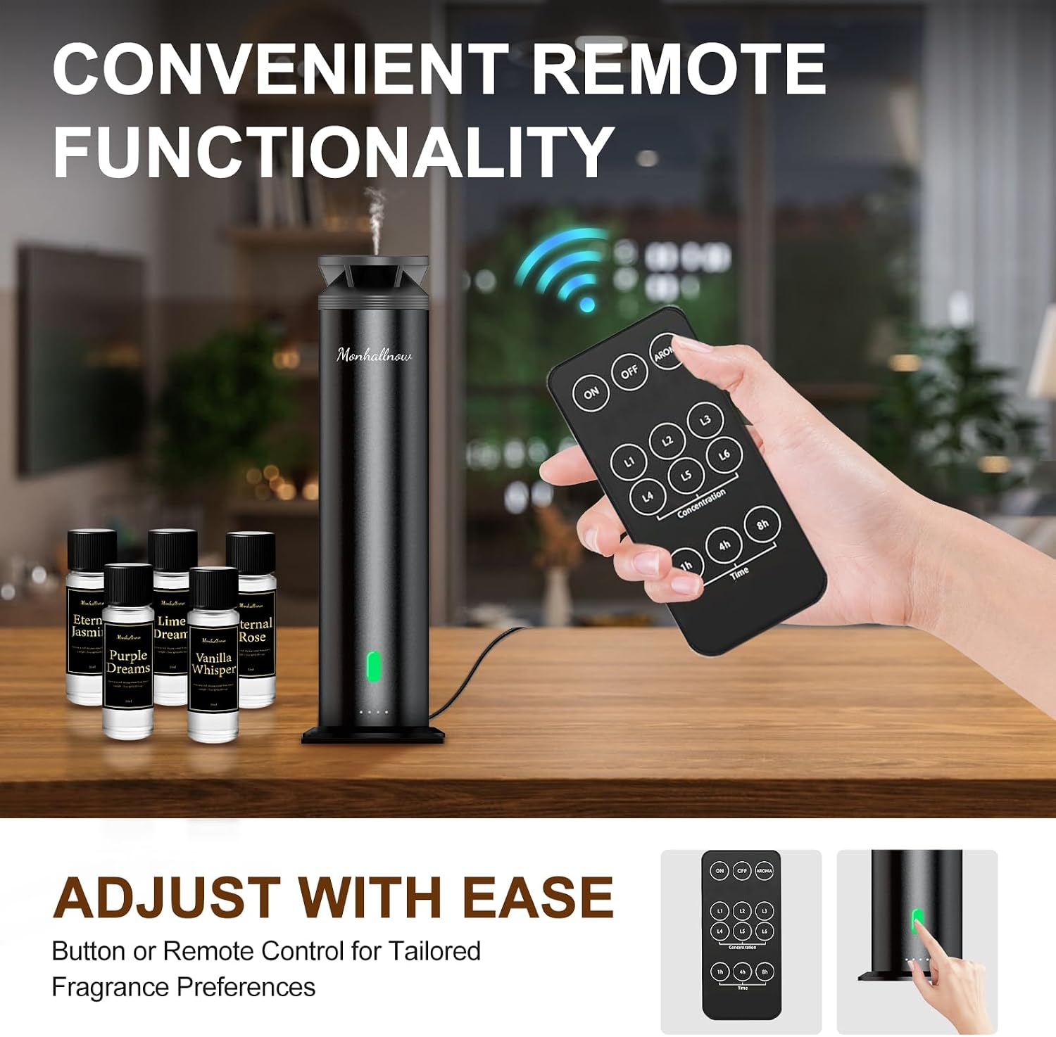 Waterless Scent Diffuser Starter Kit – 1000 Sq Ft Coverage, Suitable for Home & Hotel Series Diffuser, Includes 5 Scent Oils, Remote Control, Large Room Essential Oil Diffuser, Ultra Black - Image 6