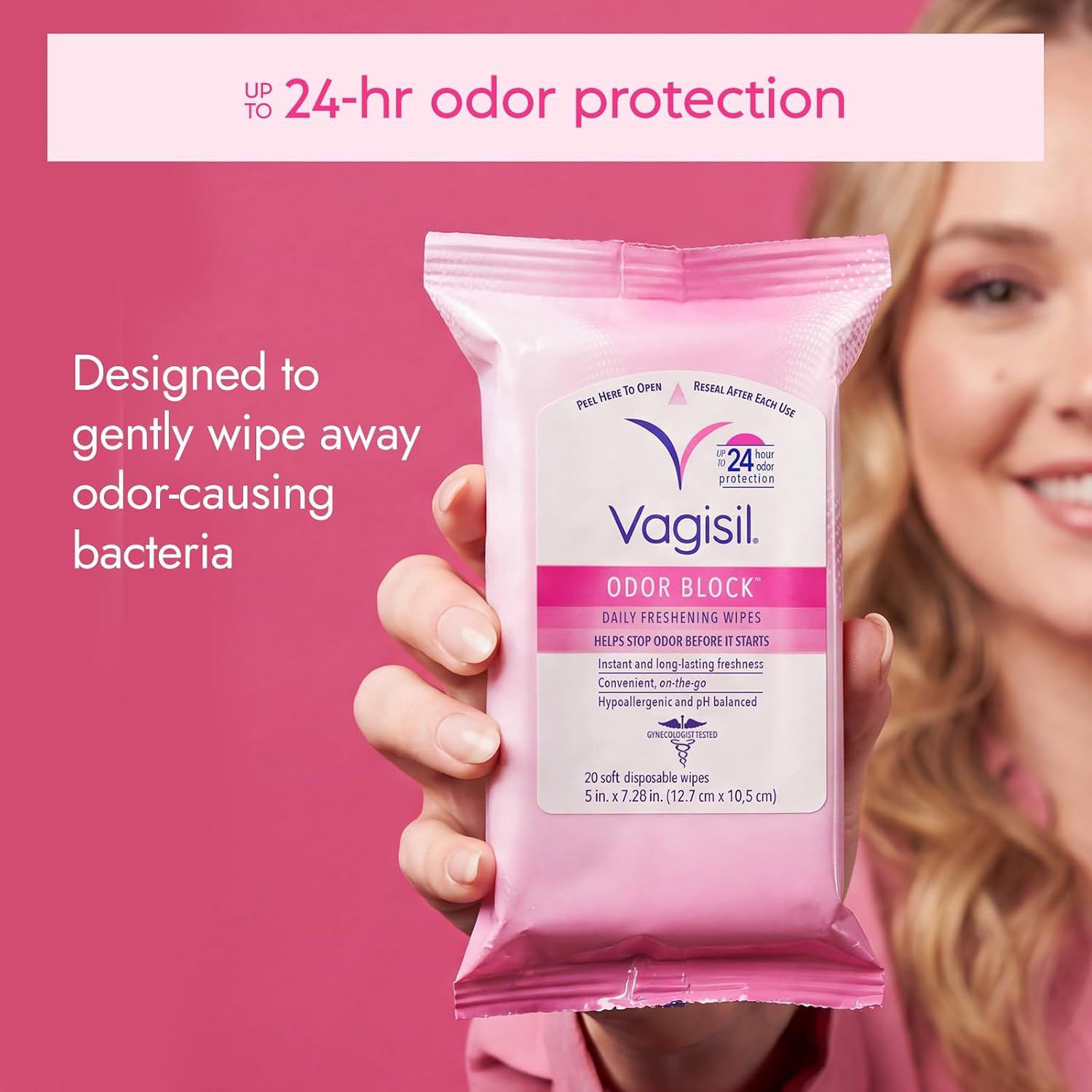 Vagisil Odor Block Daily Freshening Wipes for Feminine Hygiene in Resealable Pouch, Gynecologist Tested & Hypoallergenic, 20 Wipes (Pack of 3) - Image 2