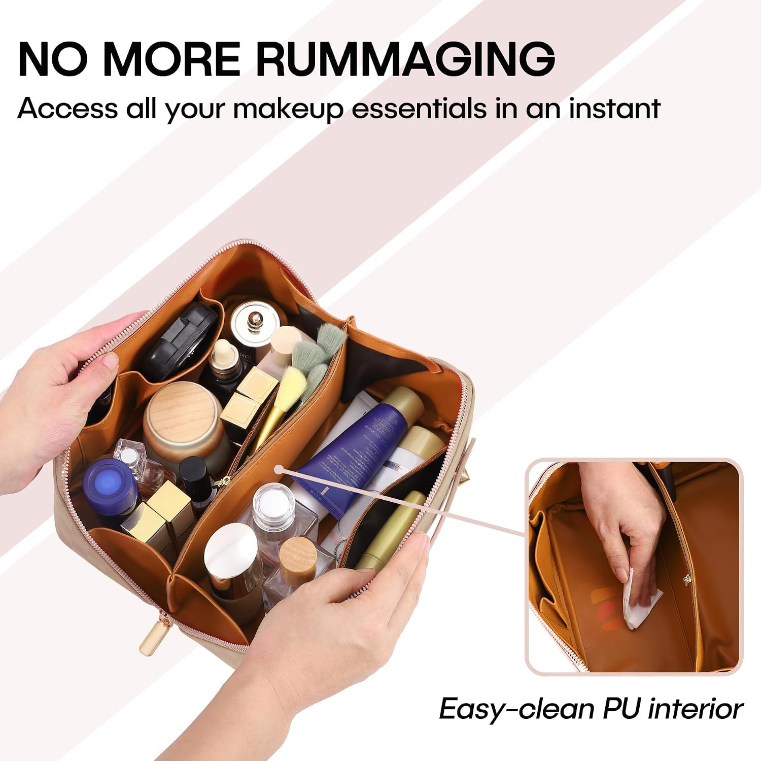 Large Capacity Travel Cosmetic Bag - Open Flat Makeup Bags for Women Waterproof PU Leather Checkered Makeup Organizer Bag,Toiletry Bag for Cosmetics, Portable Make up Bag for Travel Essentials, Khaki - Image 2