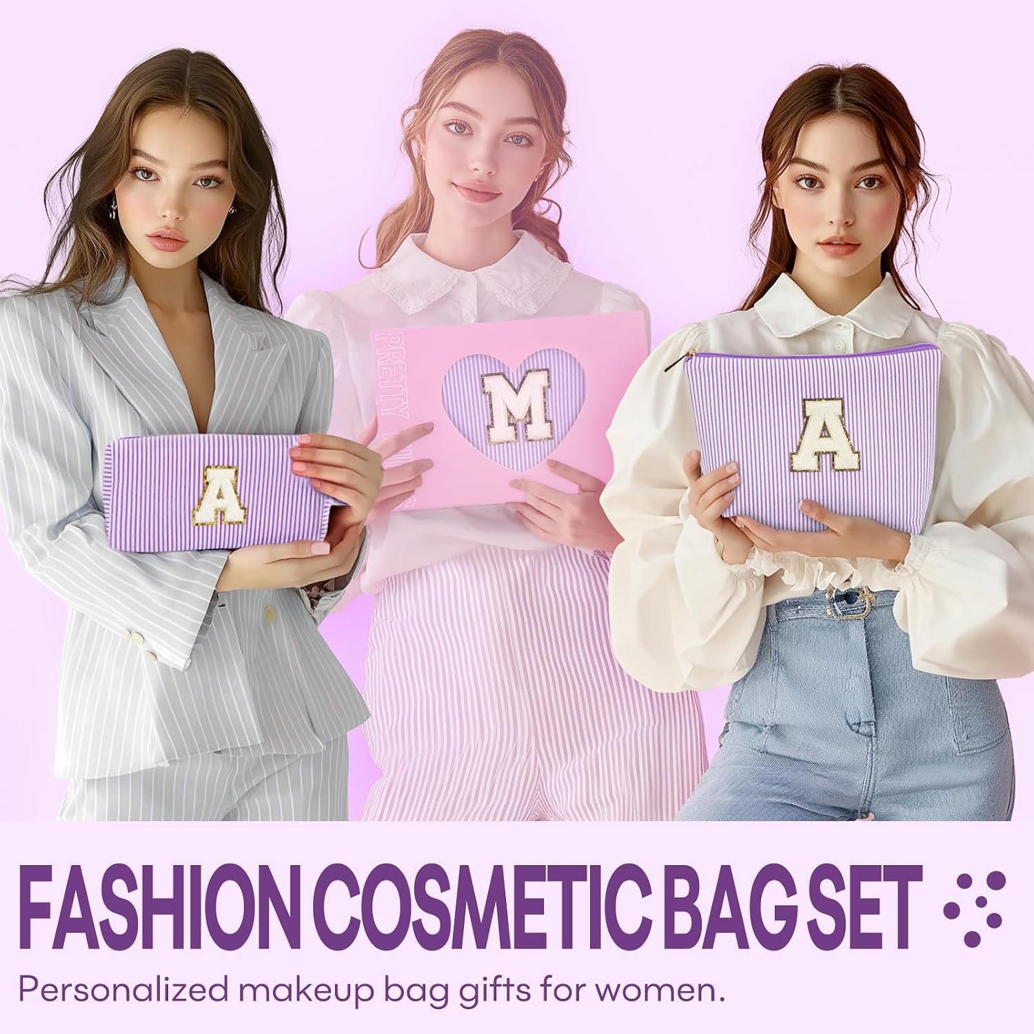 2 PCS Initial Makeup Bags for Women: Cosmetic Bag for Travel Toiletry - Birthday Gifts for 11 12 13 14 15 16 17 18 Years Old Girl Graduation Teacher Gift- Teen Girl Gifts Trendy Stuff - Purple A - Image 2