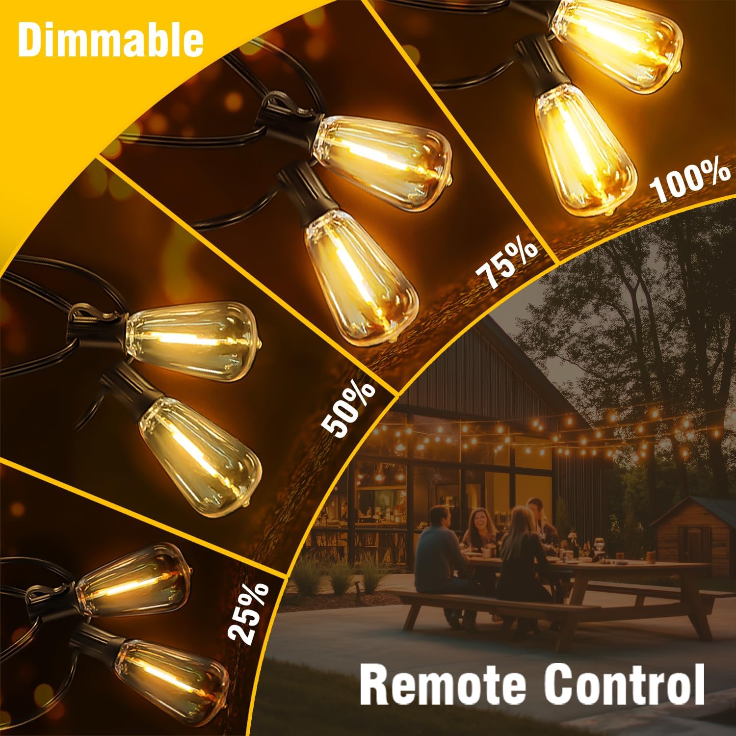 100FT Solar String Lights Outdoor Waterproof with Remote & Timer, LED Shatterproof ST38 Bulbs, USB & Solar Powered Patio Lights for Backyard, Porch, Garden, Wedding Decor, Dusk to Dawn Lighting - Image 5
