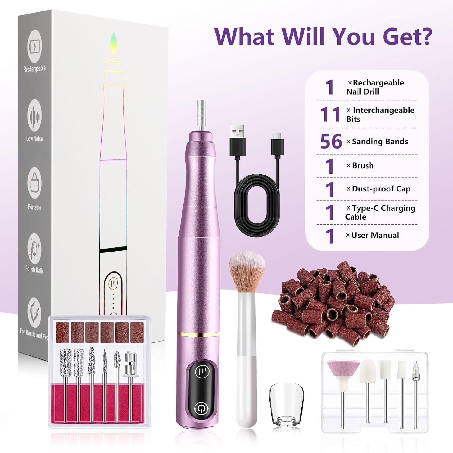 TUOBEO Cordless Nail Drill Electric Nail File Kit, Rechargeable Efile Set | Portable Acrylic Gel Nail Polish Remover Machine, Pedicure Manicure Tool, 11 Bits, 56 Sanding Bands, Salon Home, Purple - Image 9