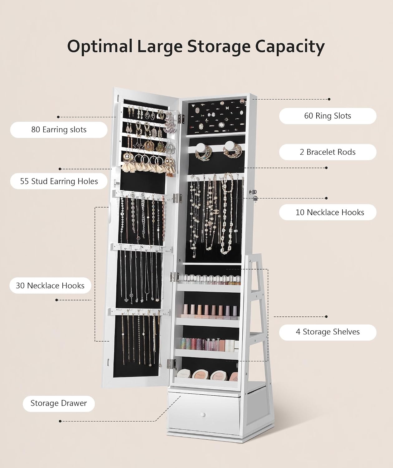 360° Swivel Jewelry Cabinet, Full Length Mirror, Lockable | Rotatable Jewelry Armoire Organizer, Standing Mirror with Storage, 3 Rear Shelves + Bottom Drawer, Gift Idea, Pure White - Image 3