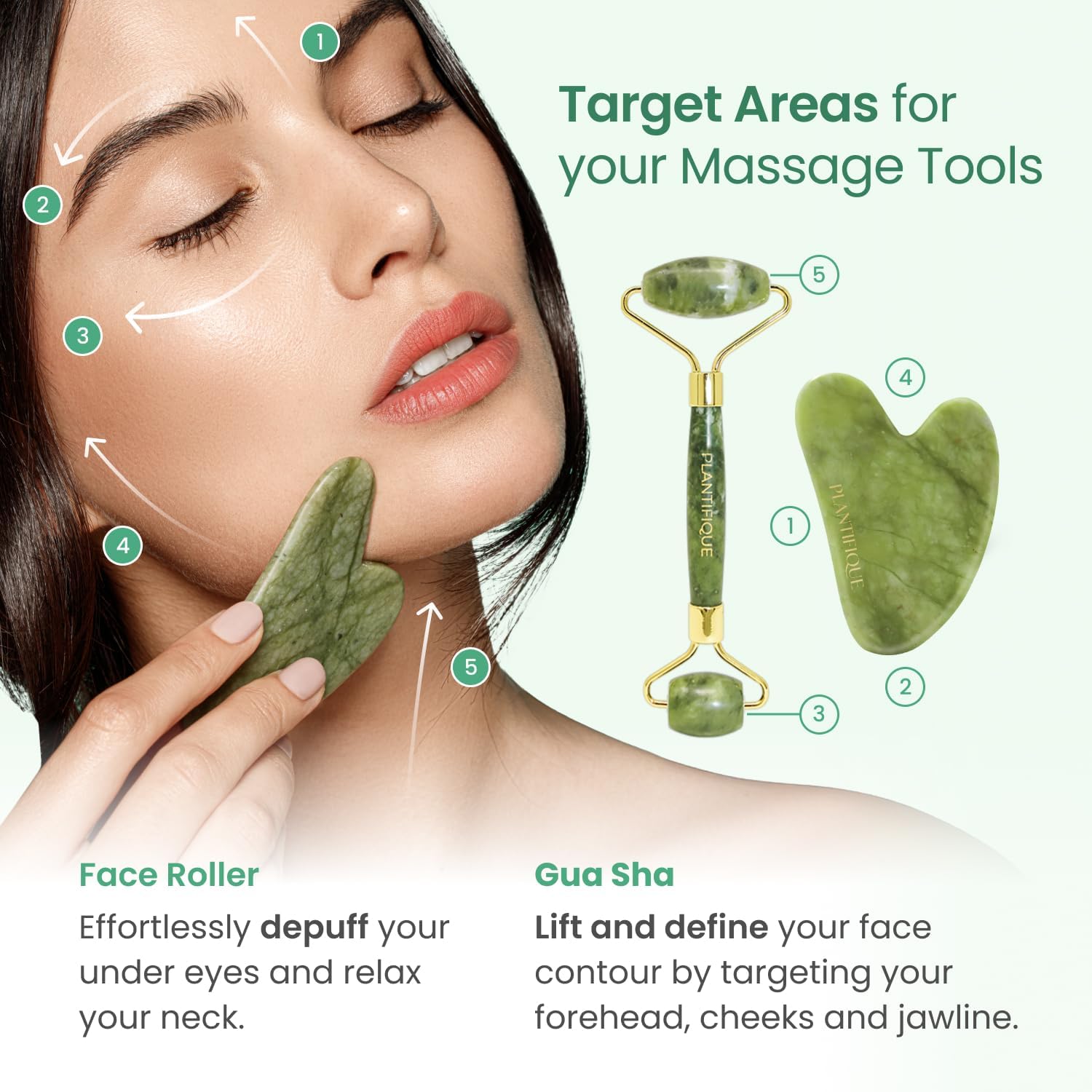 PLANTIFIQUE Jade Roller & Gua Sha Facial Tool Set, Certified Face Massager | Face Roller & Guasha Tool for Lymphatic Drainage, Face Sculpting & Jawline Shaper - Reduce Puffiness & Relieve Tension - Image 4