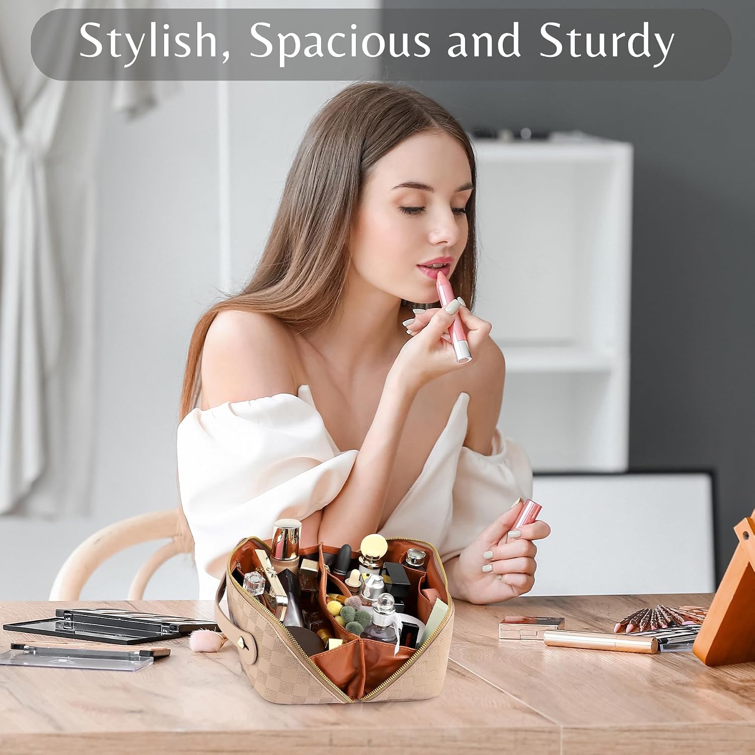 Large Capacity Travel Cosmetic Bag - Open Flat Makeup Bags for Women Waterproof PU Leather Checkered Makeup Organizer Bag,Toiletry Bag for Cosmetics, Portable Make up Bag for Travel Essentials, Khaki - Image 5