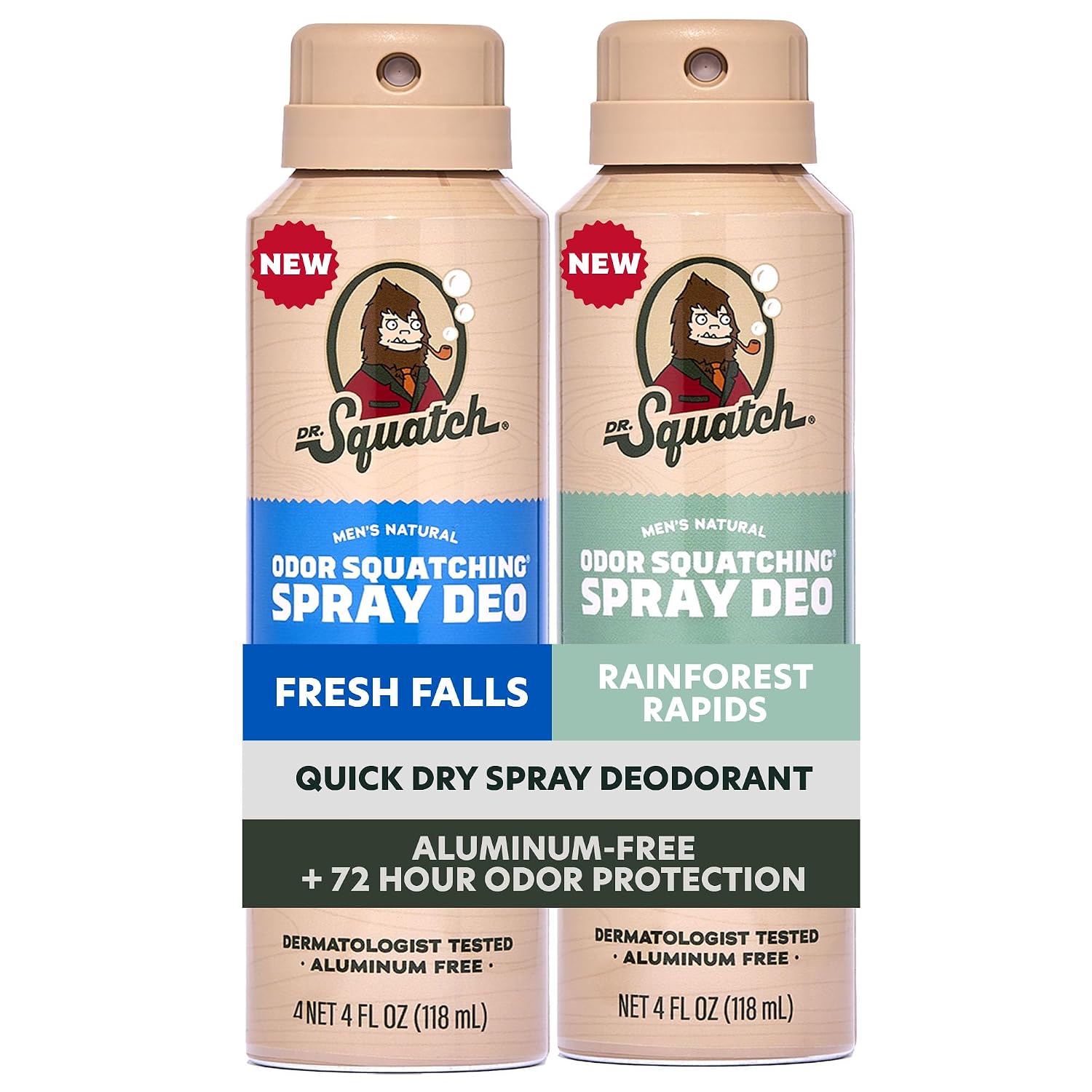 Dr. Squatch Spray Natural Men’s Deodorant – Quick Dry Deodorant Men, Aluminum Free, Dermatologist-Tested – Created for all Skin Types – Fresh Falls + Rainforest Rapids, 4oz (2-Pack)