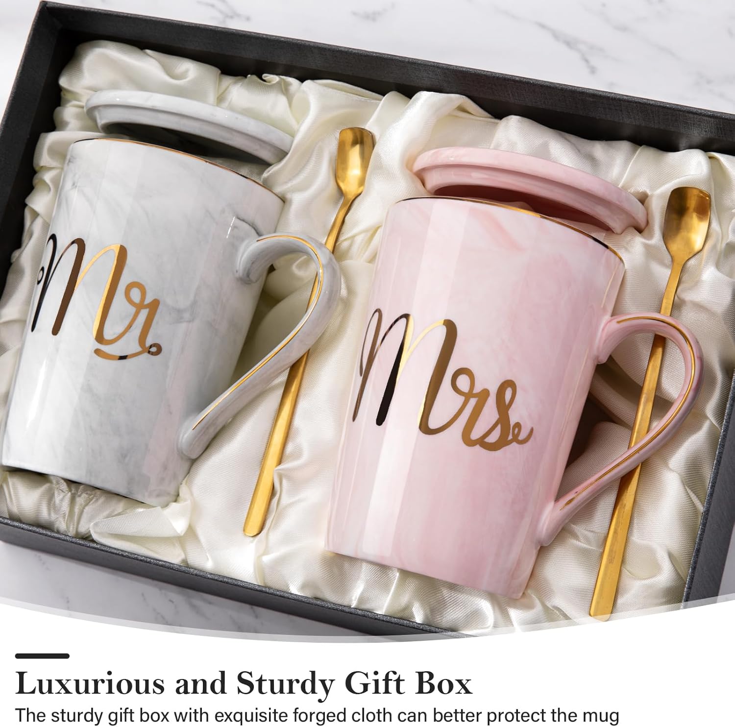 Biching Wedding Gifts for Couples 2026, Bridal Shower Engagement Gift | Gifts for Anniversary Bride and Groom, 14oz Ceramic Mr and Mrs Mug Set with Real Gold Foil, Greeting Card, Gift Box - Image 2