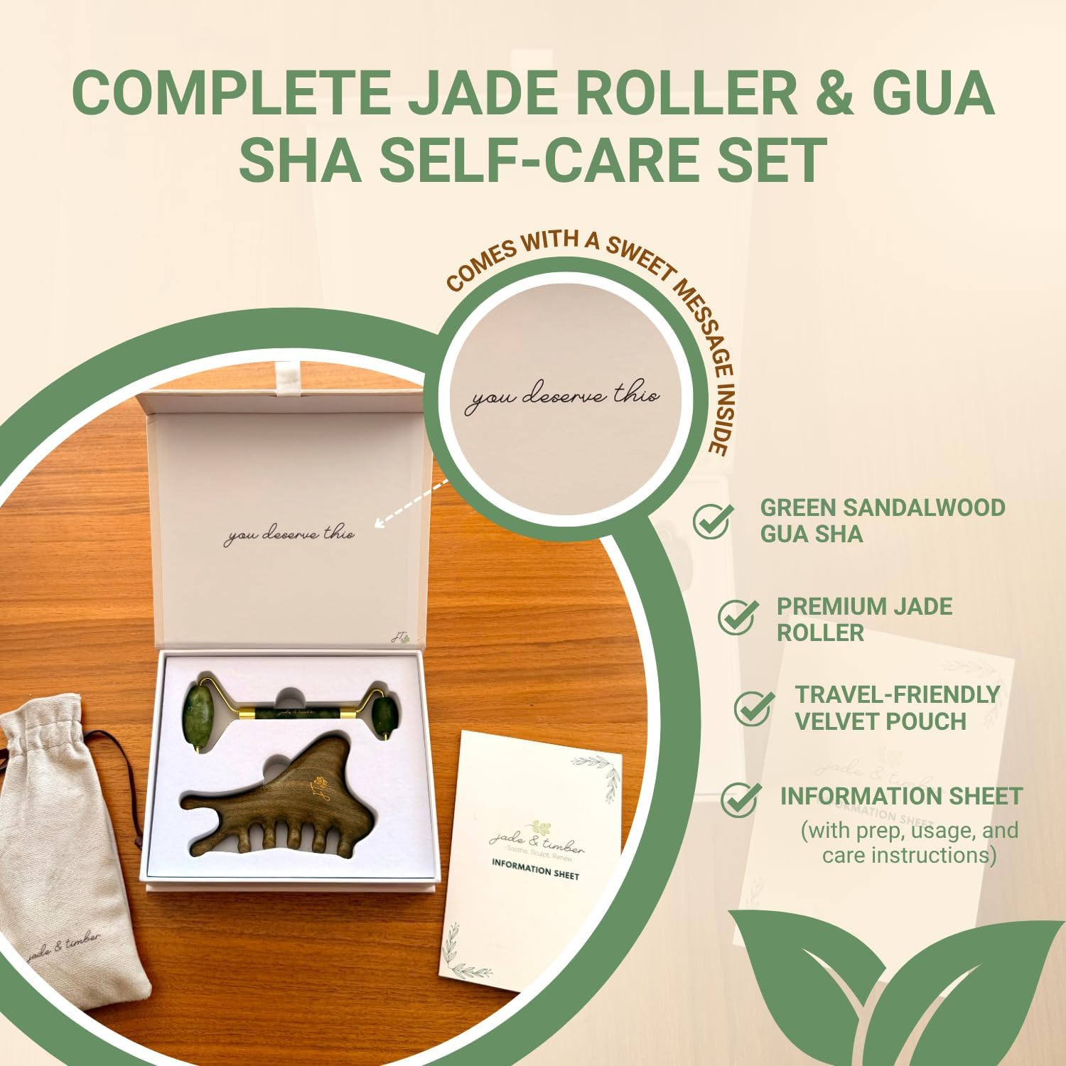 jade & timber Jade Roller & Green Sandalwood Gua Sha Set – Facial & Body Massage Tools for Lymphatic Drainage & Sculpting - Self Care Gift - Image 2
