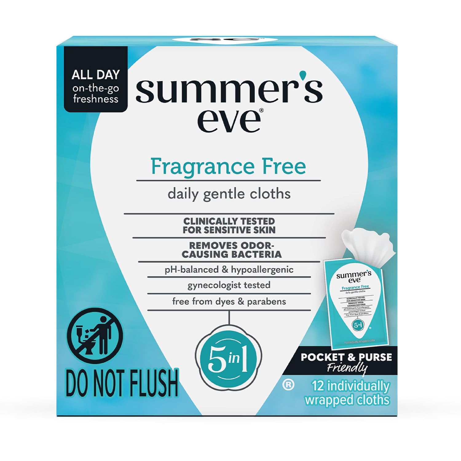 Summer's Eve Gentle Feminine Wipes, Fragrance Free, 12 Count | Vaginal Wipes with Gentle pH-Balanced Micellar Water Formula, Feminine Care to Help Remove Vaginal Odor, Gynecologist Tested