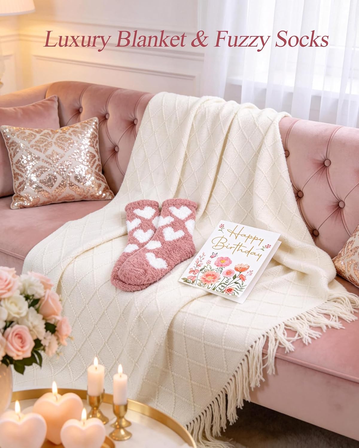 Rose Themed Birthday Gifts for Women - Pink Birthday Spa Gift Basket for Women Unique 9pcs Self Care Gift Basket with Plush Knit Blanket for Mother Wife Girlfriend Bestie Her - Image 4
