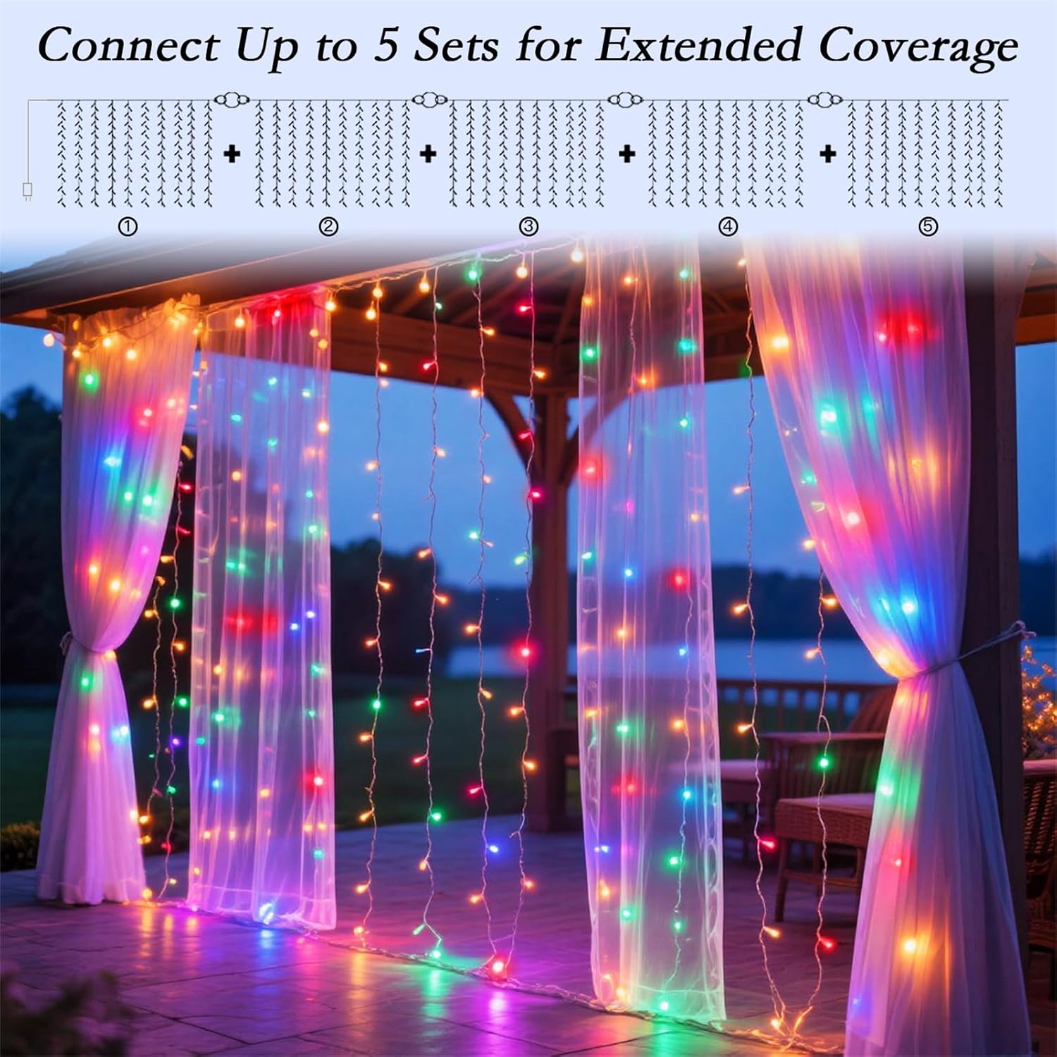 200 LED Multicolor Rainbow Curtain String Lights 9.8x6.6FT, Plug in Fairy Lights with 9 Hooks, Dimmable, Timer 8 Modes, IP44 Waterproof, Bedroom Party Wedding Christmas Indoor Outdoor Decor - Image 7
