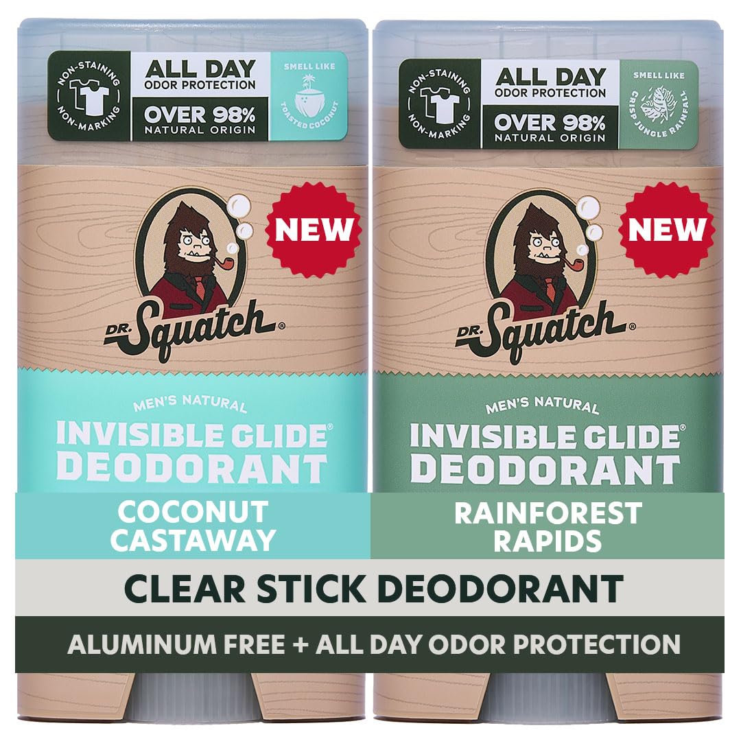 Dr. Squatch Invisible Glide Natural Men’s Deodorant – Smooth Glide, No Stains – Aluminum Free Deodorant Men – Safe for Sensitive Skin – Coconut Castaway + Rainforest Rapids, 2.65oz (2-Pack)