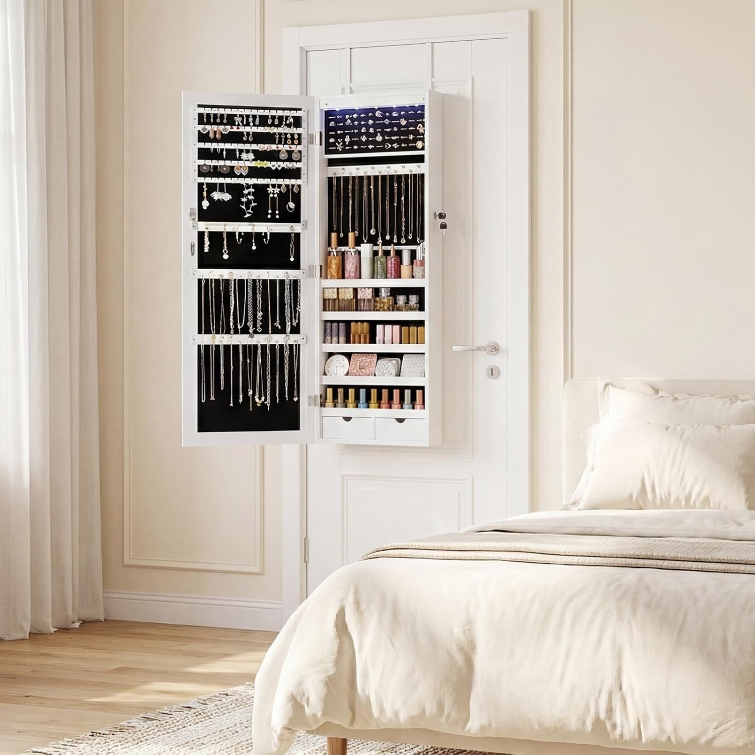 DUMOS 6 LEDs Mirror Jewelry Cabinet, Wall or Door Mounted Jewelry Organizer, 47.2-Inch Tall Lockable Large Capacity Cosmetic Storage, Gift Idea, White | Hanging Door or Wall Mounted Mirror, Lockable, Large Capacity Cosmetic Storage, 2 Drawers, Gift Idea, White - Image 7