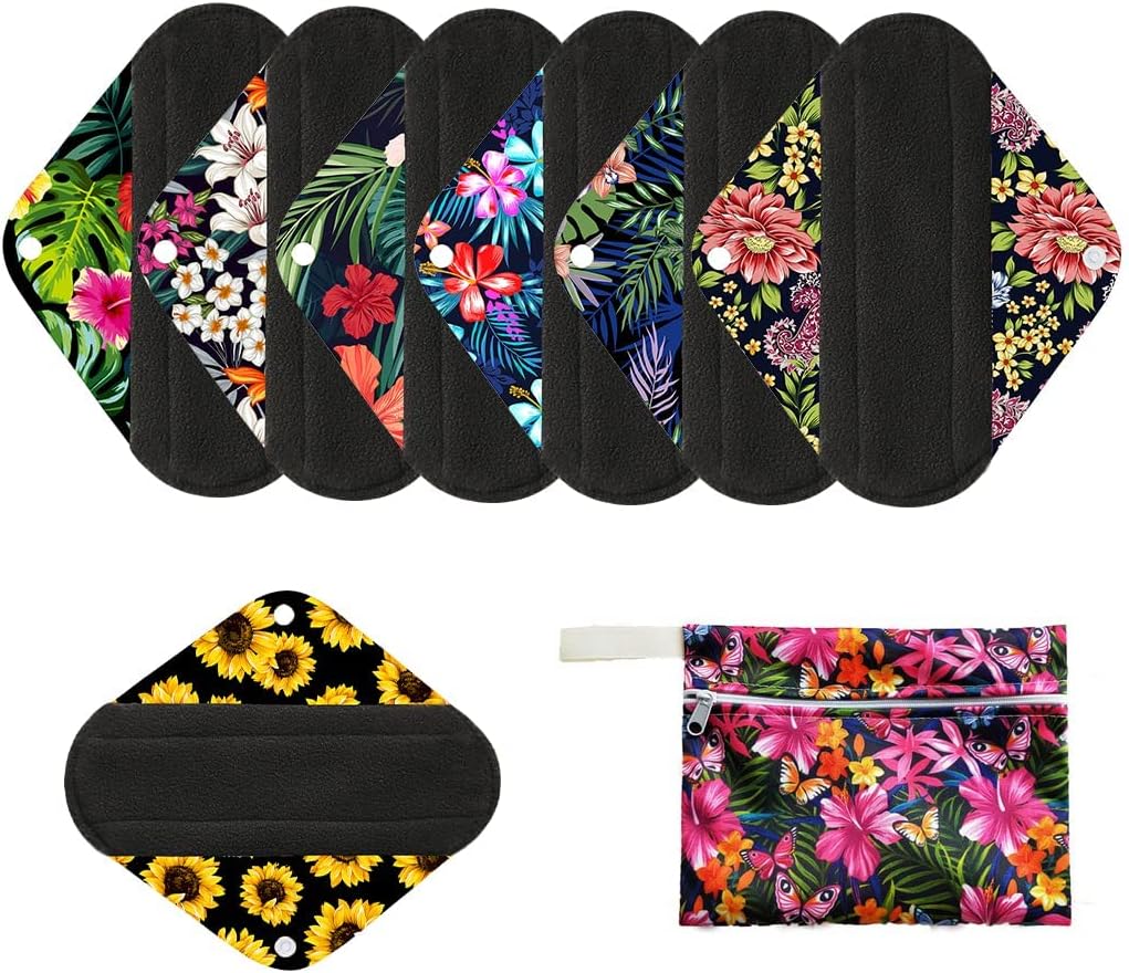 7pcs/Set Reusable Menstrual Pads Including 1pc Mini Wet Bag +6pcs Bamboo Charcoal Cloth Menstrual Incontinence Pads/Reusable Sanitary/Mama Panty Liners (All Randomly Prints) - Image 9