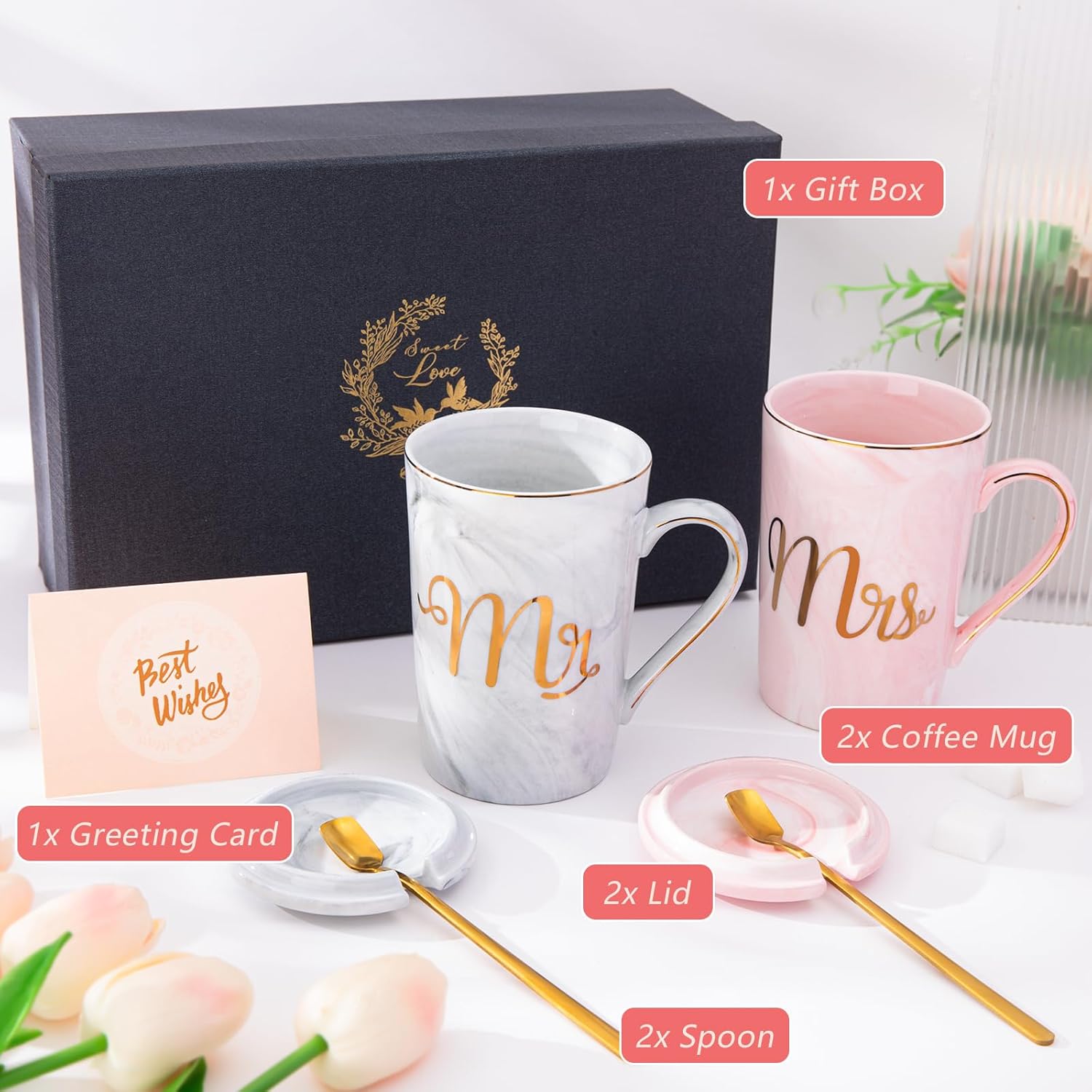 Biching Wedding Gifts for Couples 2026, Bridal Shower Engagement Gift | Gifts for Anniversary Bride and Groom, 14oz Ceramic Mr and Mrs Mug Set with Real Gold Foil, Greeting Card, Gift Box - Image 6