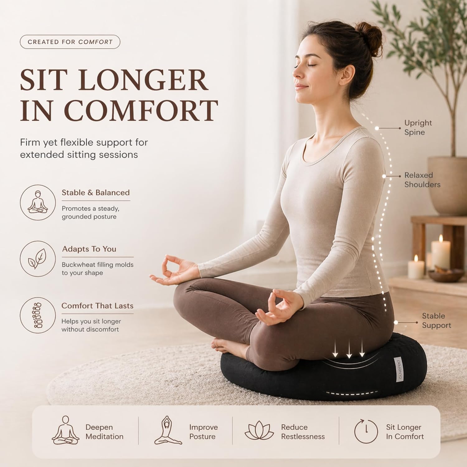 Meditation Cushion - 15" Buckwheat Pillow with Removable Cotton Cover and Carry Handle - Round Floor Cushion for Yoga, Meditation, Pilates, and Floor Sitting - Meditation Pillow by Cuvered - Image 3
