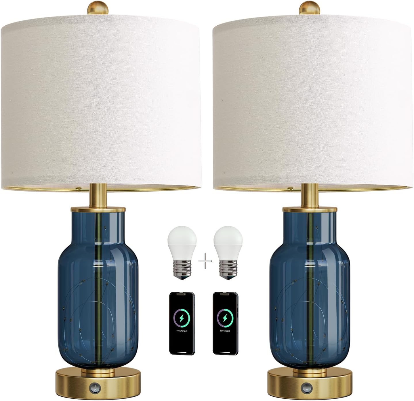 22" Glass Table Lamps Set of 2, Blue Modern Bedside Lamp with LED Night Light for Living Room, Nightstand Lamp with USB Ports for Bedrooms, Study Room, End Table(2 Bulbs Included) - Image 8