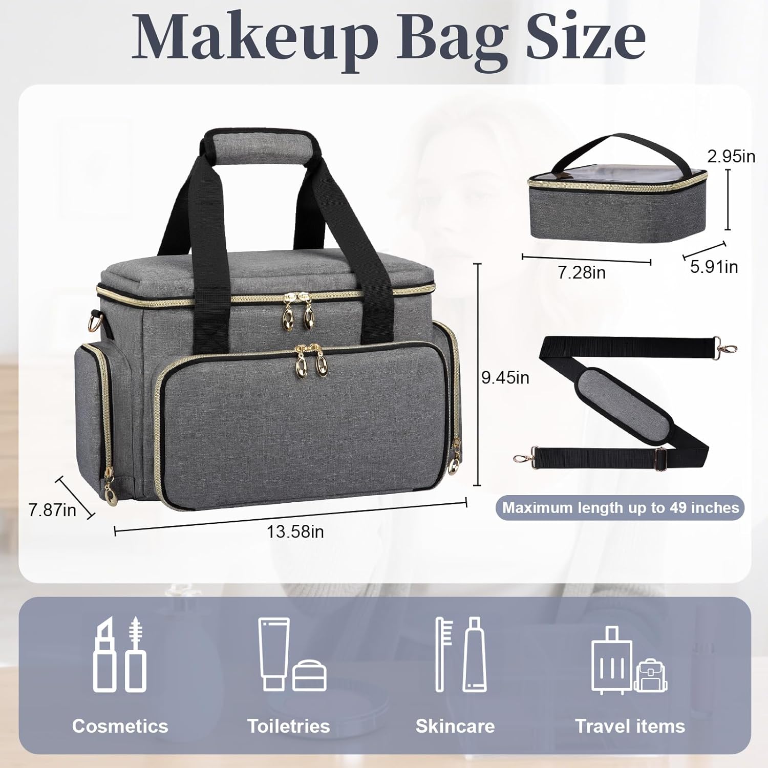 GDNasist Large Makeup Bag, Portable Travel Makeup Bag Organizer | Cosmetic Travel Bag for Women Girls with 2 Removable Pouches & Detachable Dividers, Toiletry Bag for Makeup and Hair Supplies - Image 3