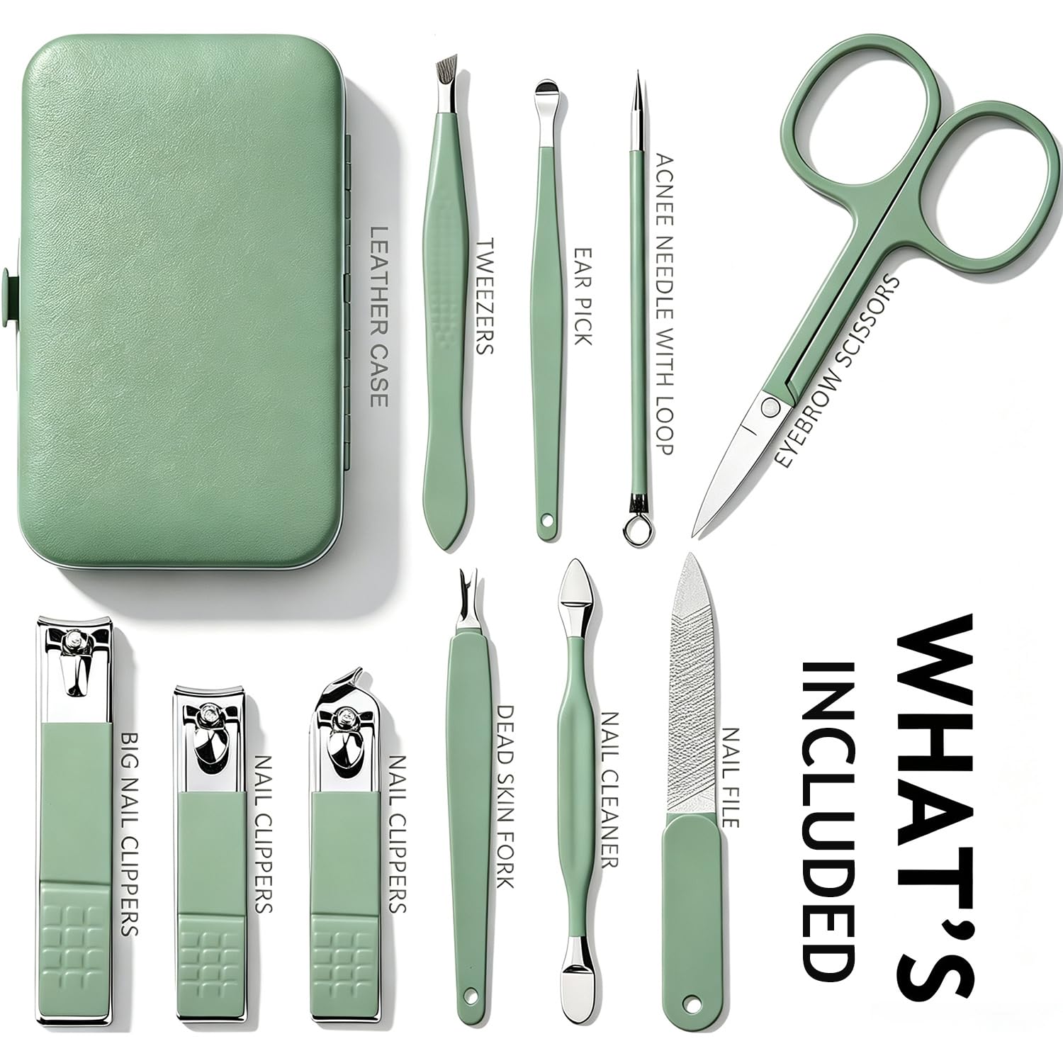 HANTEKAS Manicure Set 10 in 1 Stainless Steel, Nail Clippers Scissors Pedicure Tools Kit - Portable Travel Grooming Kit for Men and Women with Leather Case (Jade Green) - Image 2