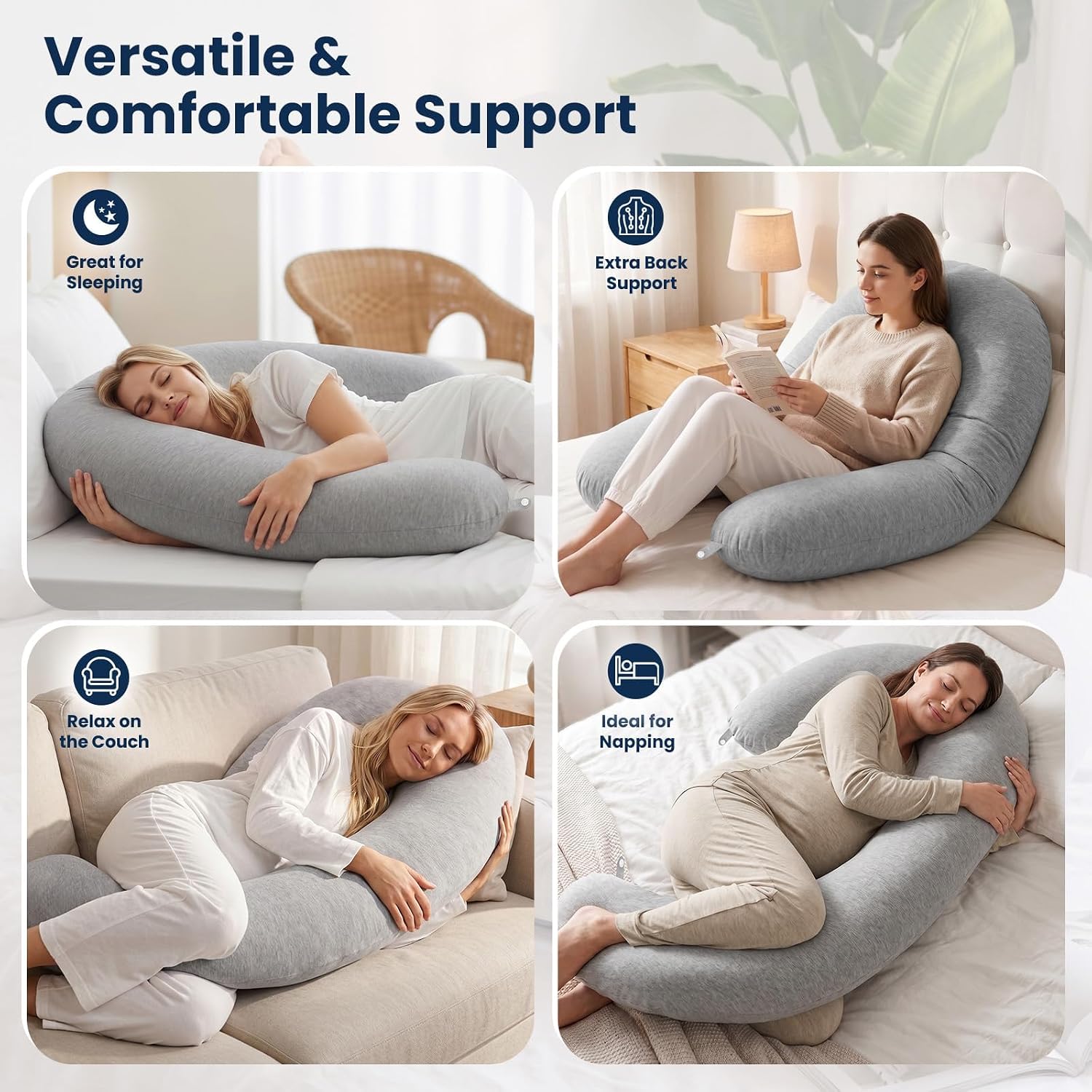 TranquilRelax C Shaped Body Pillow for Side Sleepers, Grey-47"*10" | Memory Foam Long Pillow for Leg, Body Pillow, Pregnancy Pillow, Leg Support, Soft Washable Cover - Image 6