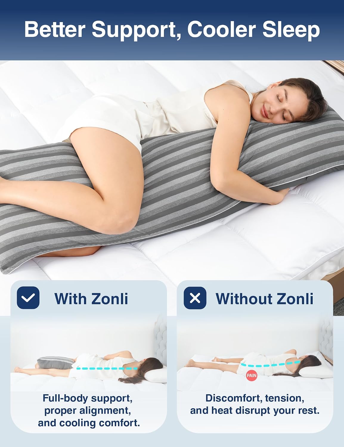 ZonLi Cooling Body Pillow for Adults, Long Pillow with Memory Foam Adjustable, Firm Support Body Pillow for Side Sleeper, Pregnant, Back Pain Relief, Washable Pillowcase, 20x54 inch, Grey - Image 8