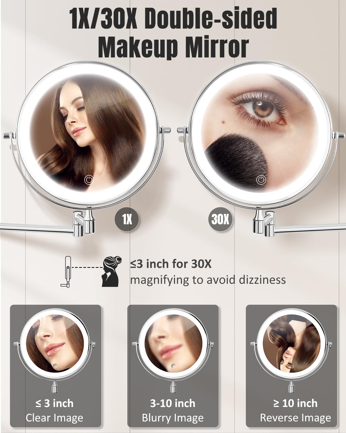 VFD 8'' 30X/1X Wall Mounted Lighted Magnifying Makeup Mirror with Lights | Double Sided Rechargeable Bathroom Mirror, 3 Color Lights Touch Dimmable Extended Arm 360 Rotation Light up Mirrors - Image 2