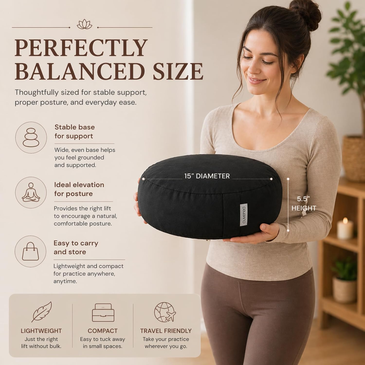 Meditation Cushion - 15" Buckwheat Pillow with Removable Cotton Cover and Carry Handle - Round Floor Cushion for Yoga, Meditation, Pilates, and Floor Sitting - Meditation Pillow by Cuvered - Image 5