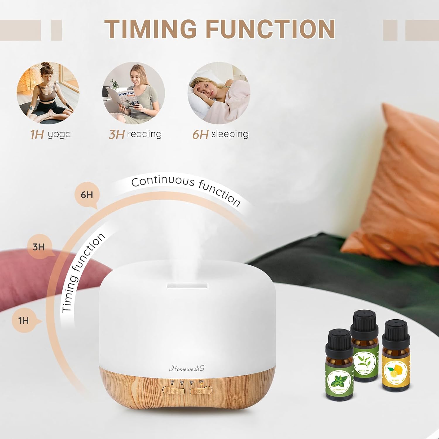 Homeweeks Essential Oil Diffuser for Room Aromatherapy Scent Diffuser | Auto Off Ultrasonic Aroma Fragrance Diffuser for Bedroom Office, Remote Control, 7 Colors Light, Cool Mist, Timer 300 ML - Image 6
