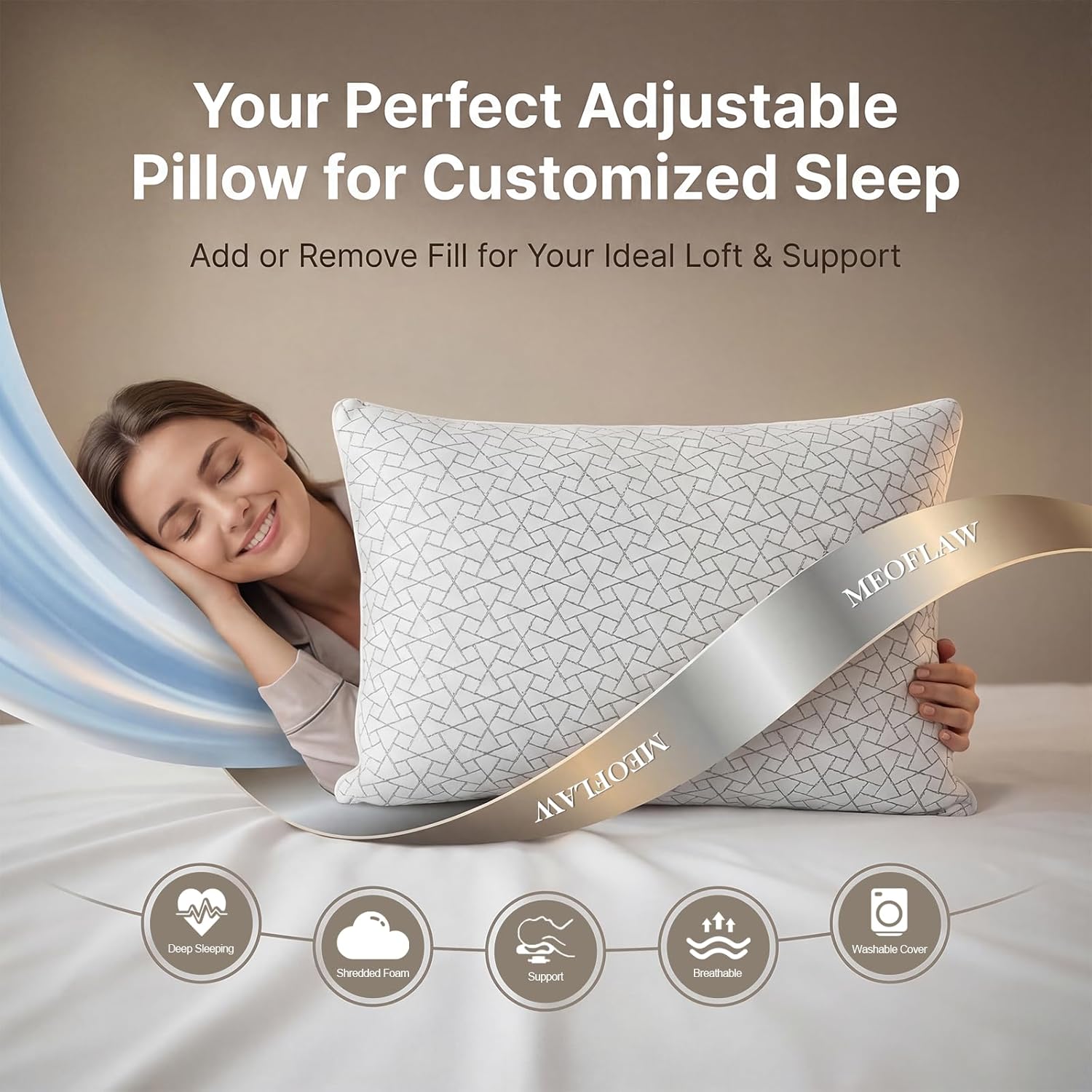 Meoflaw Adjustable Memory Foam Pillows: 2 Pack Queen Size Shredded Foam Bed Pillow for Sleeping with Removable & Washable Pillowcase for All Sleep Positions - Image 2