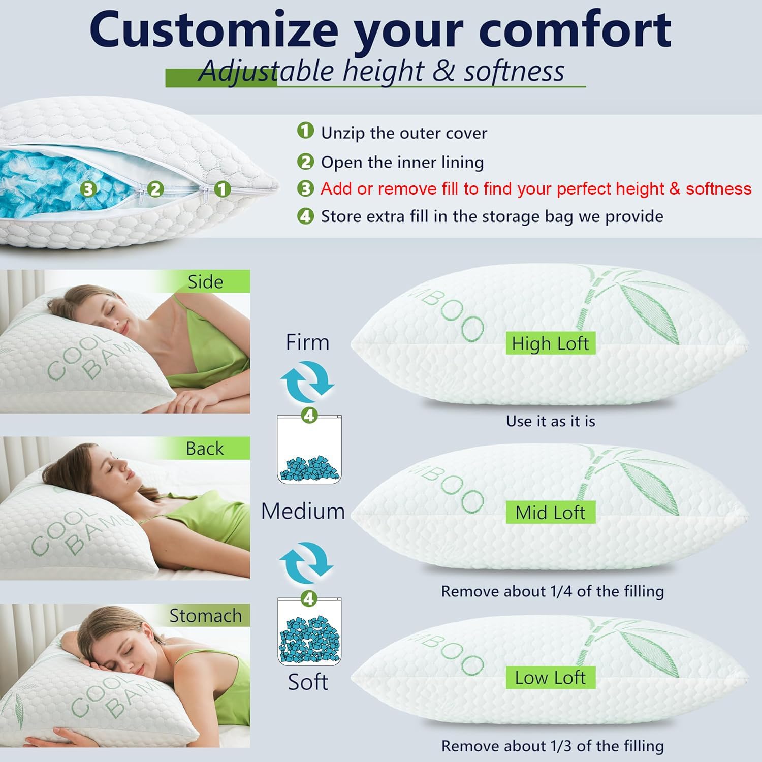 Memory Foam Pillows, Cooling Pillows Queen Size Set of 2 Adjustable Firm Bamboo Bed Pillows for Hot, Side, Back and Stomach Sleepers - Image 3