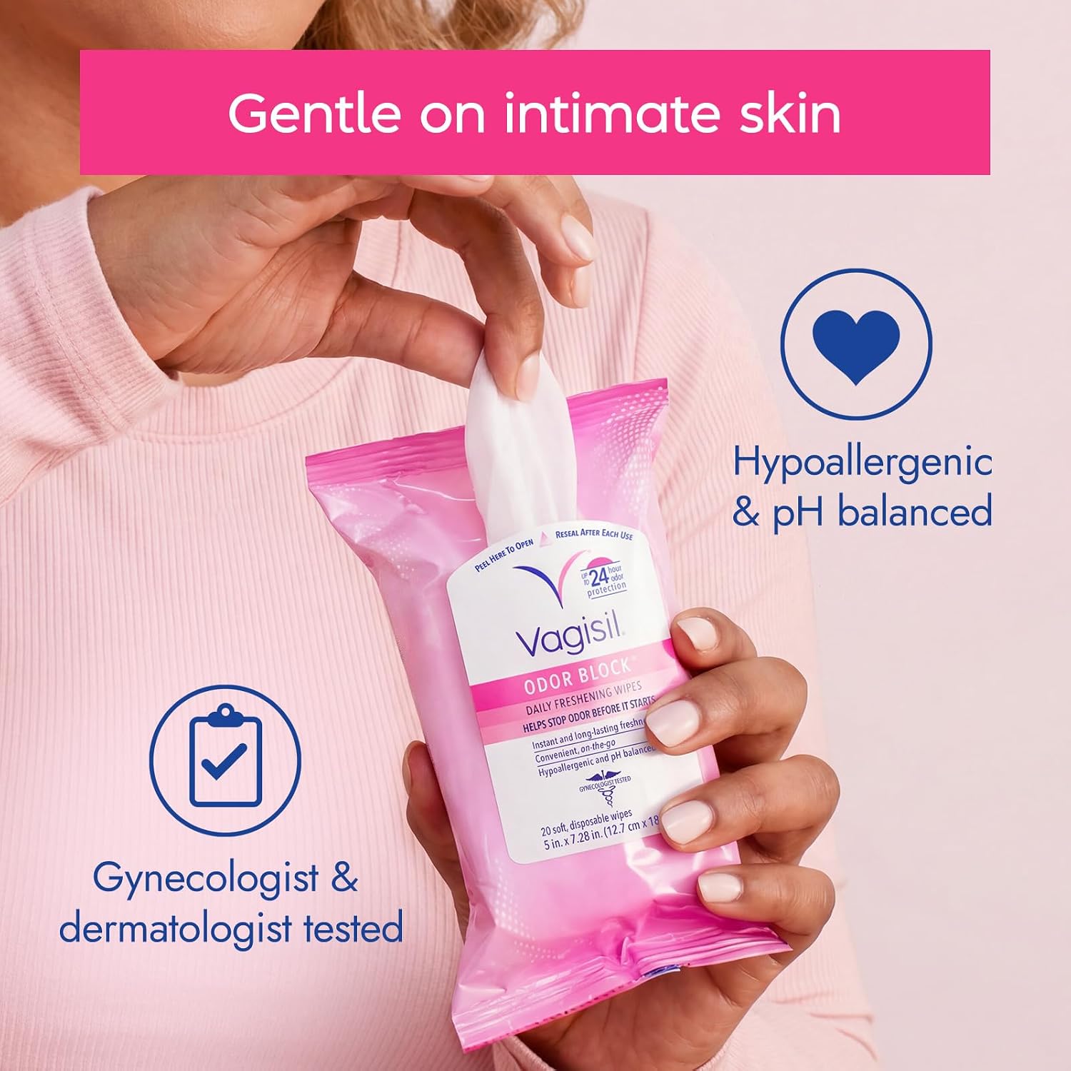 Vagisil Odor Block Daily Freshening Wipes for Feminine Hygiene in Resealable Pouch, Gynecologist Tested & Hypoallergenic, 20 Wipes (Pack of 3) - Image 4