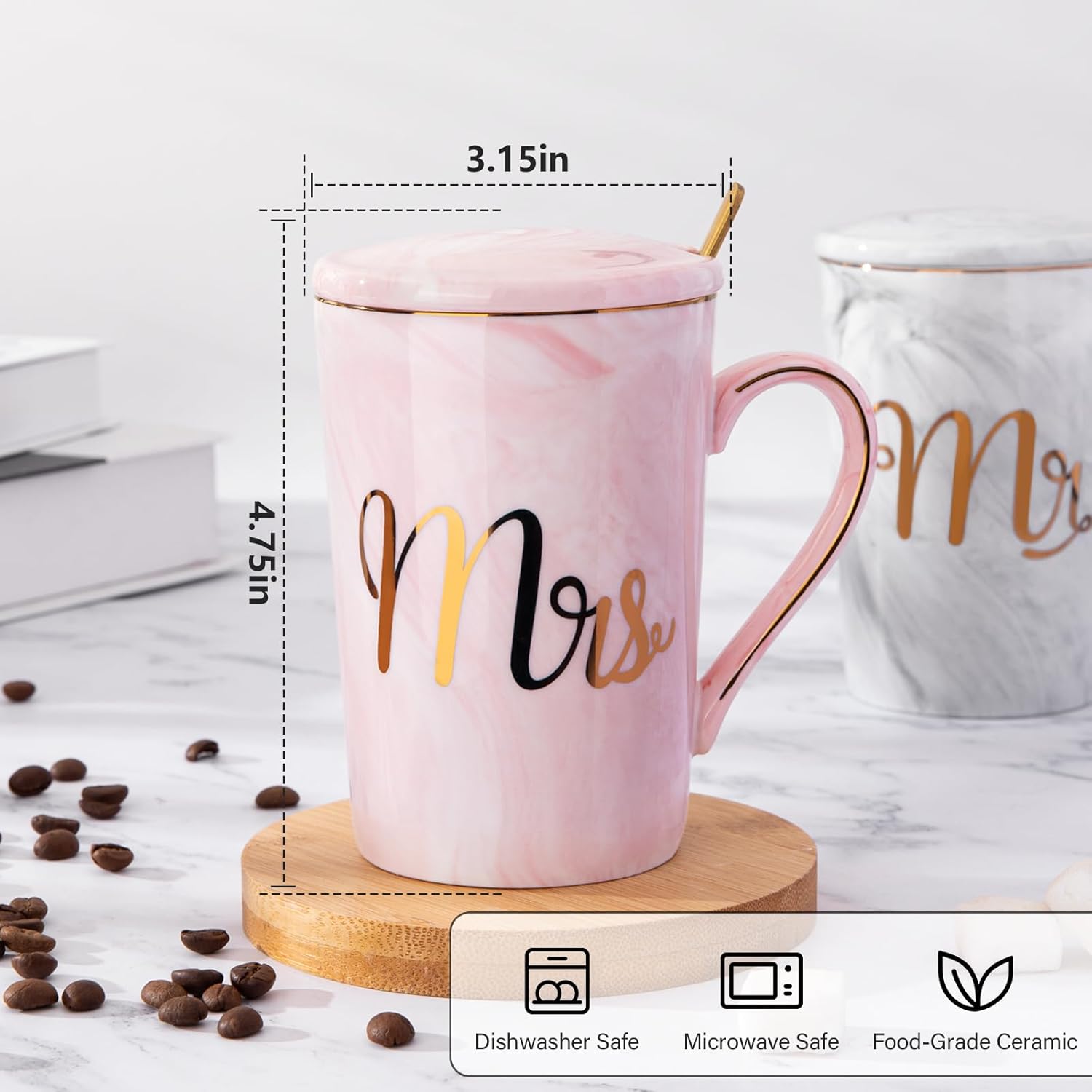 Biching Wedding Gifts for Couples 2026, Bridal Shower Engagement Gift | Gifts for Anniversary Bride and Groom, 14oz Ceramic Mr and Mrs Mug Set with Real Gold Foil, Greeting Card, Gift Box - Image 3