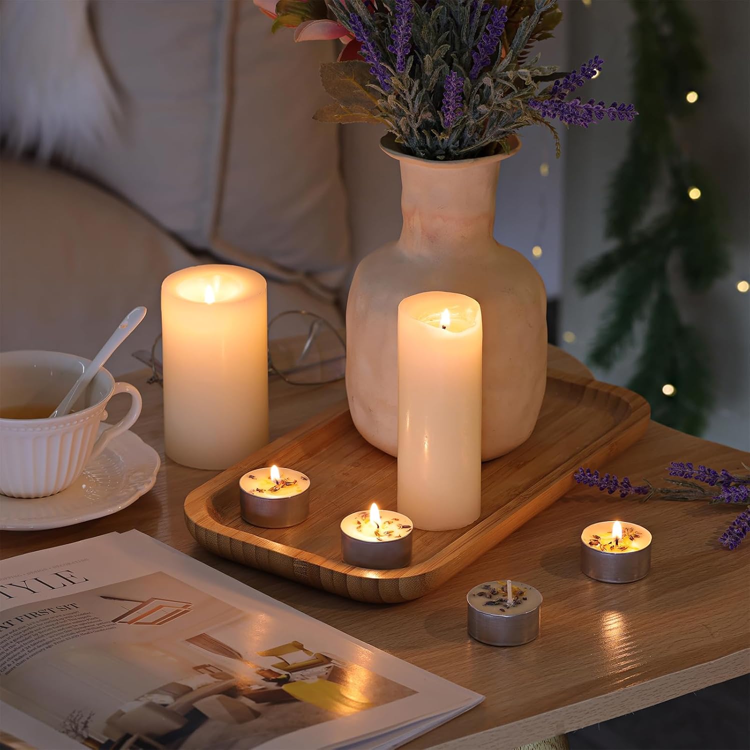 48 Pcs Lavender Scented Tealight Candles, 6H Long Burning - 100% Palm Wax Based Scented Tea Lights with Dried Flowers, Non-Toxic/Smokeless Scent Tea Lights Candles Bulk for Spa, Bath, Wedding - Image 6