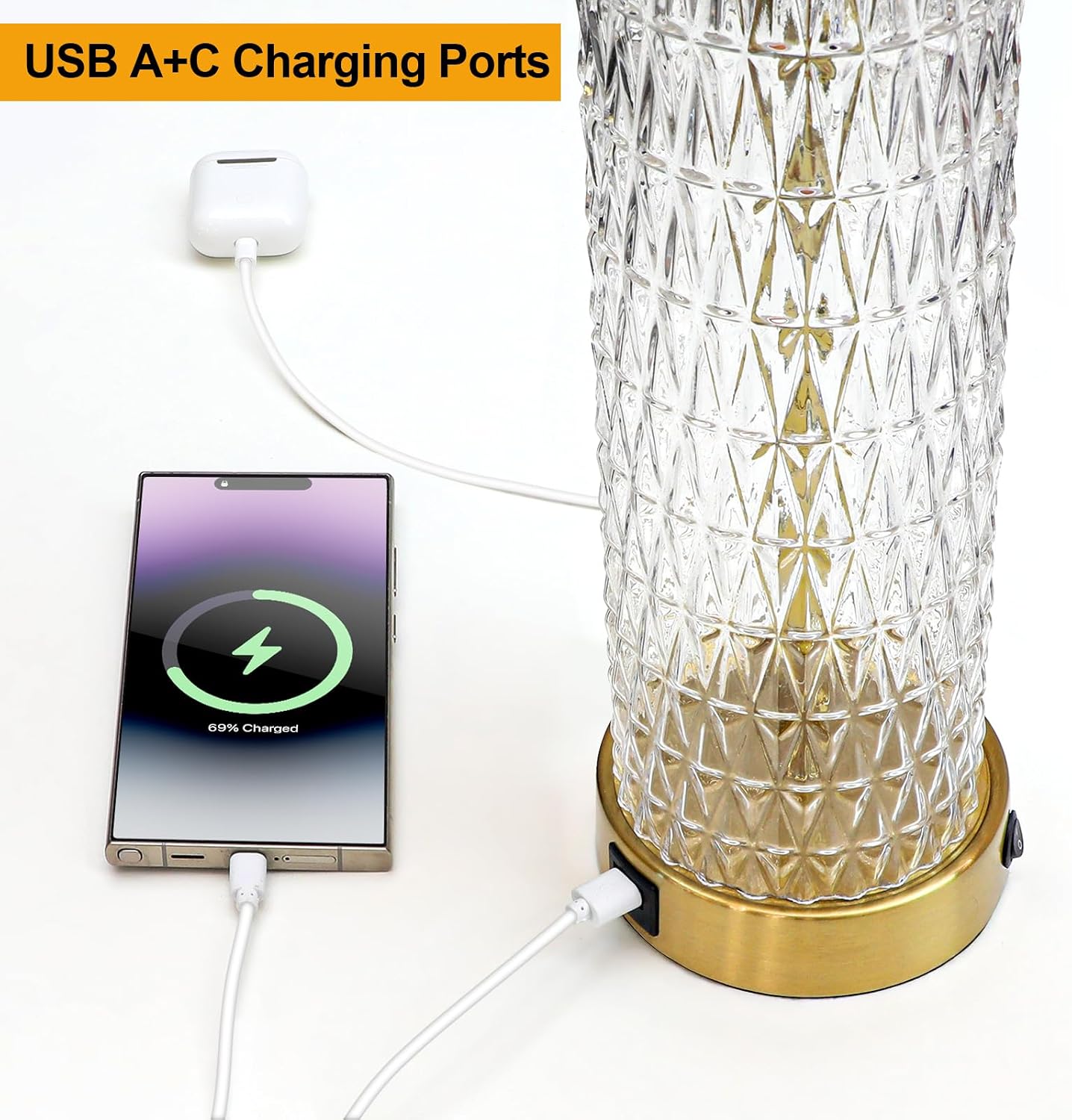 27.75" Modern Table Lamps Set of 2, Gold Bedside Lamp with Crystal Nightlight, USB A+C, Black Grid Shade, Unique Desk Lamps for Living Room, Bedroom, Nightstand, End Table (2 Bulbs Included) - Image 6