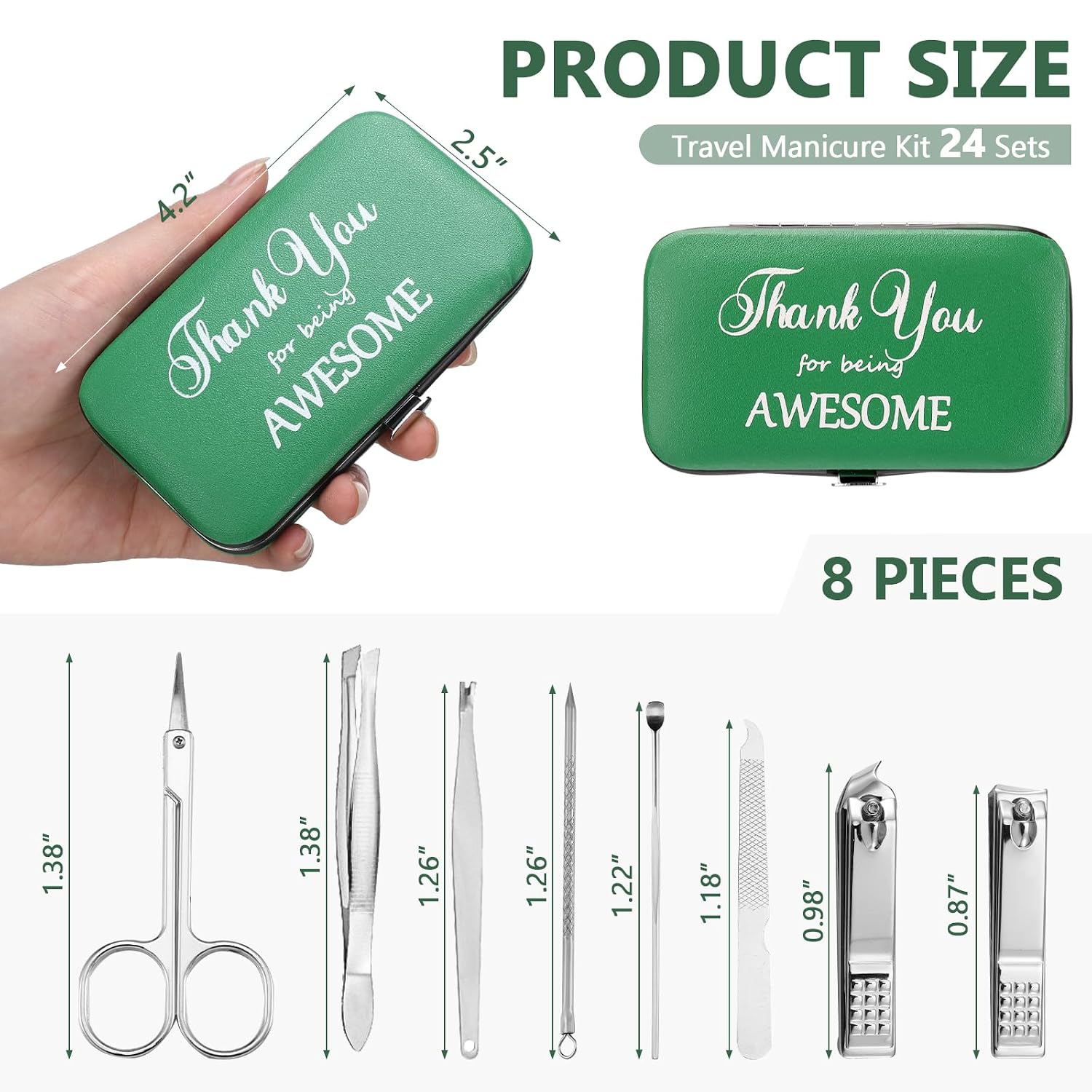 Therwen 24 Sets Manicure Set Stainless Steel Nail Clippers 8 in 1,Green | Grooming Nail Kit, Employee Appreciation Gift, Thank You Professional Pedicure Tool, for Women Men Coworker - Image 2