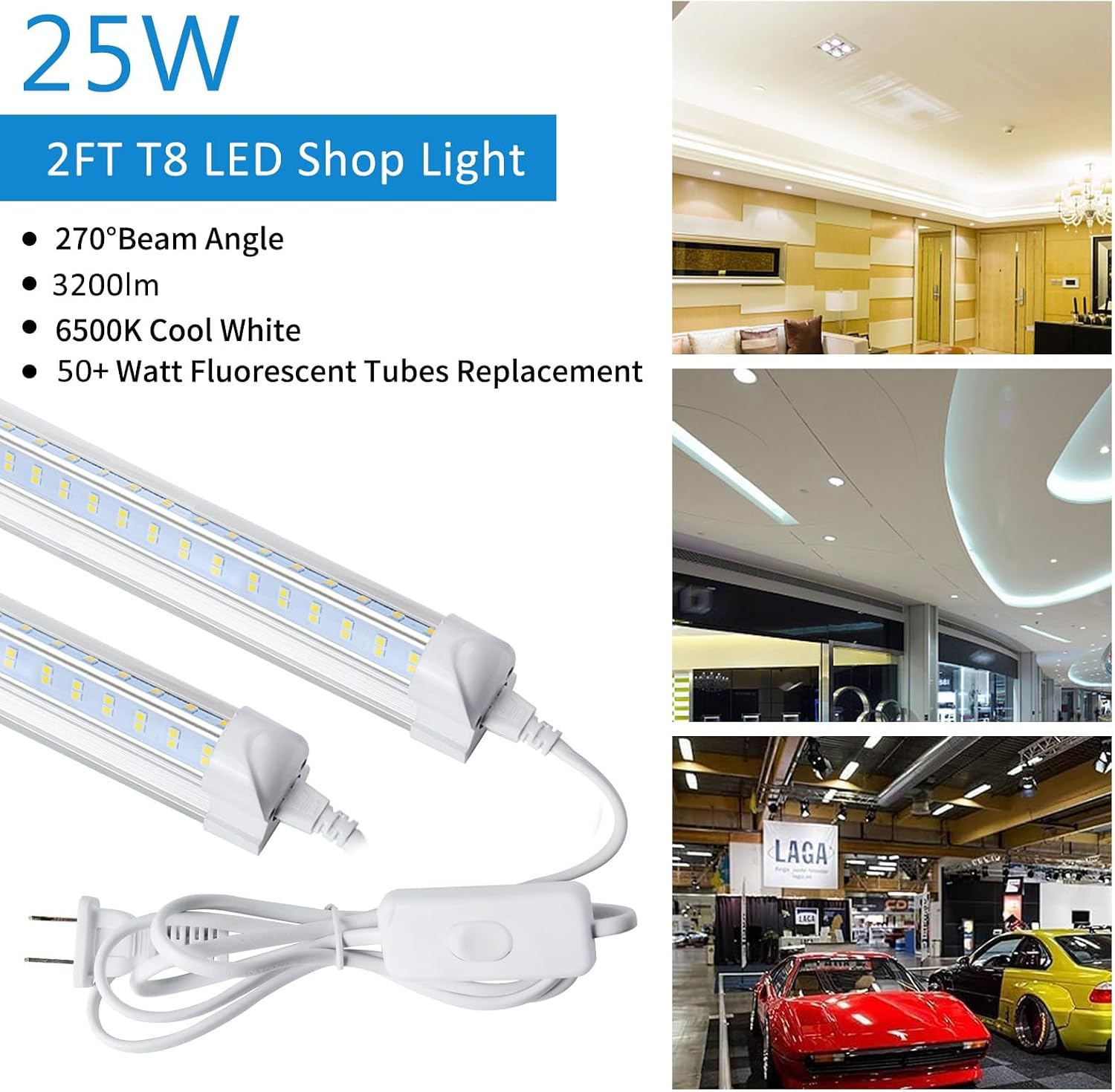 AQIQUUT Led Shop Light, Led Garage Light,2FT 25W 6500K Daylight 3200LM Linkable Clear Cover Integrated V-Shape for Shop Under Cabinet Office General Lighting,Cool White(4-Pack) - Image 2