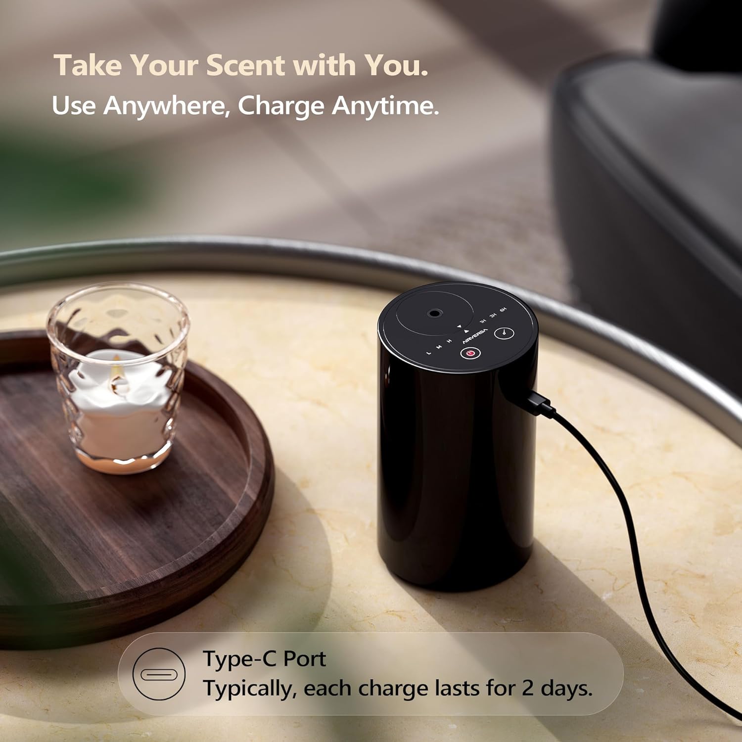 Airversa AN8 Waterless Diffuser for Essential Oil for Home, Room, Black | Up to 600 sq ft, Battery Operated, 20mL, Timers & Mist Levels, Car Diffuser, for Office, Bathroom, Cold Air, Portable - Image 4
